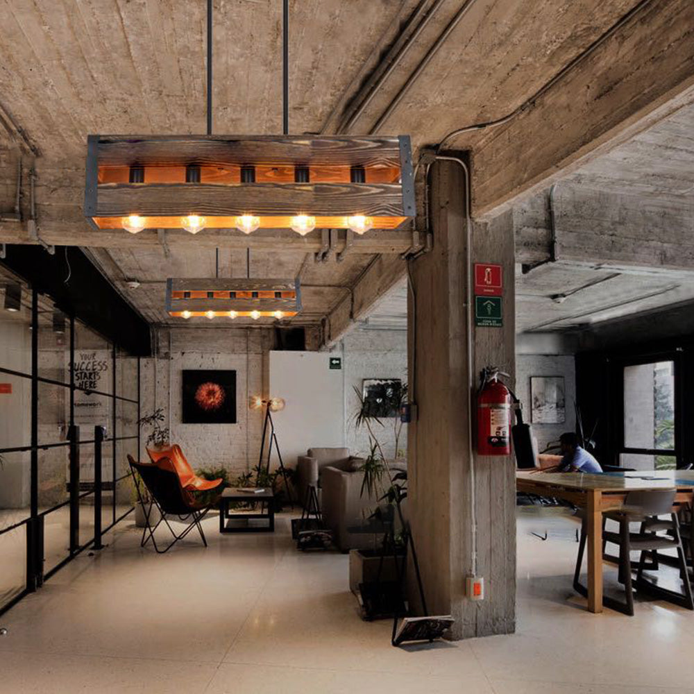 Silva Retro Rectangular Metal & Wood Pendant Light, 5 Heads, 2 Style - Neutralighting