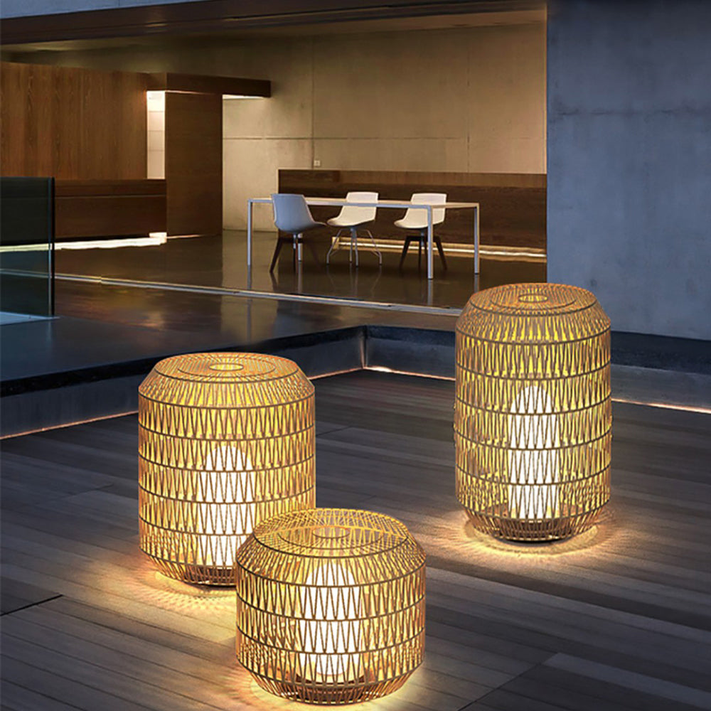 Ray Vintage Lantern Rattan Floor Lamp, Hardwired/Solar, Beige - Neutralighting