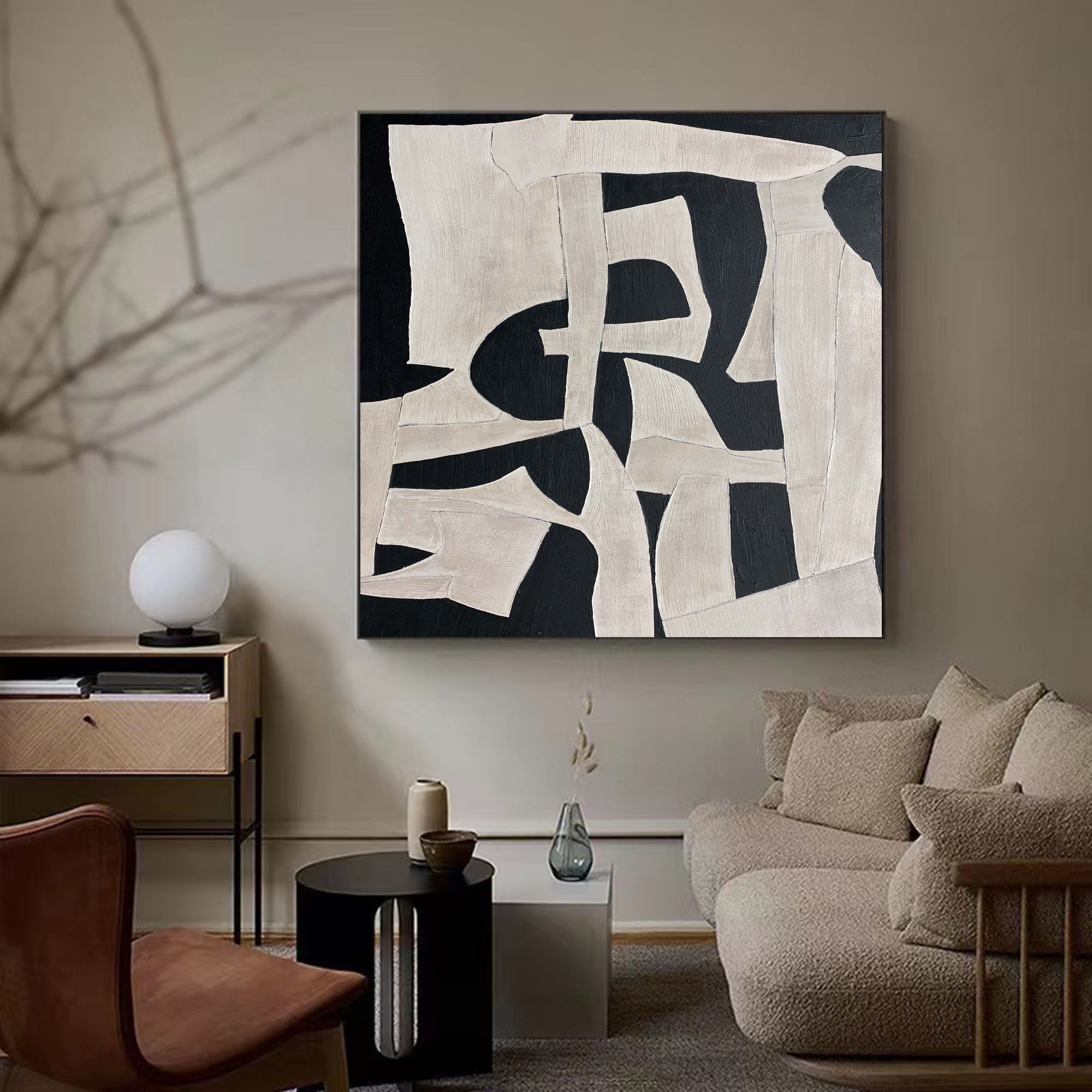 Ivory Black Organic Geometric Abstract Wall Art