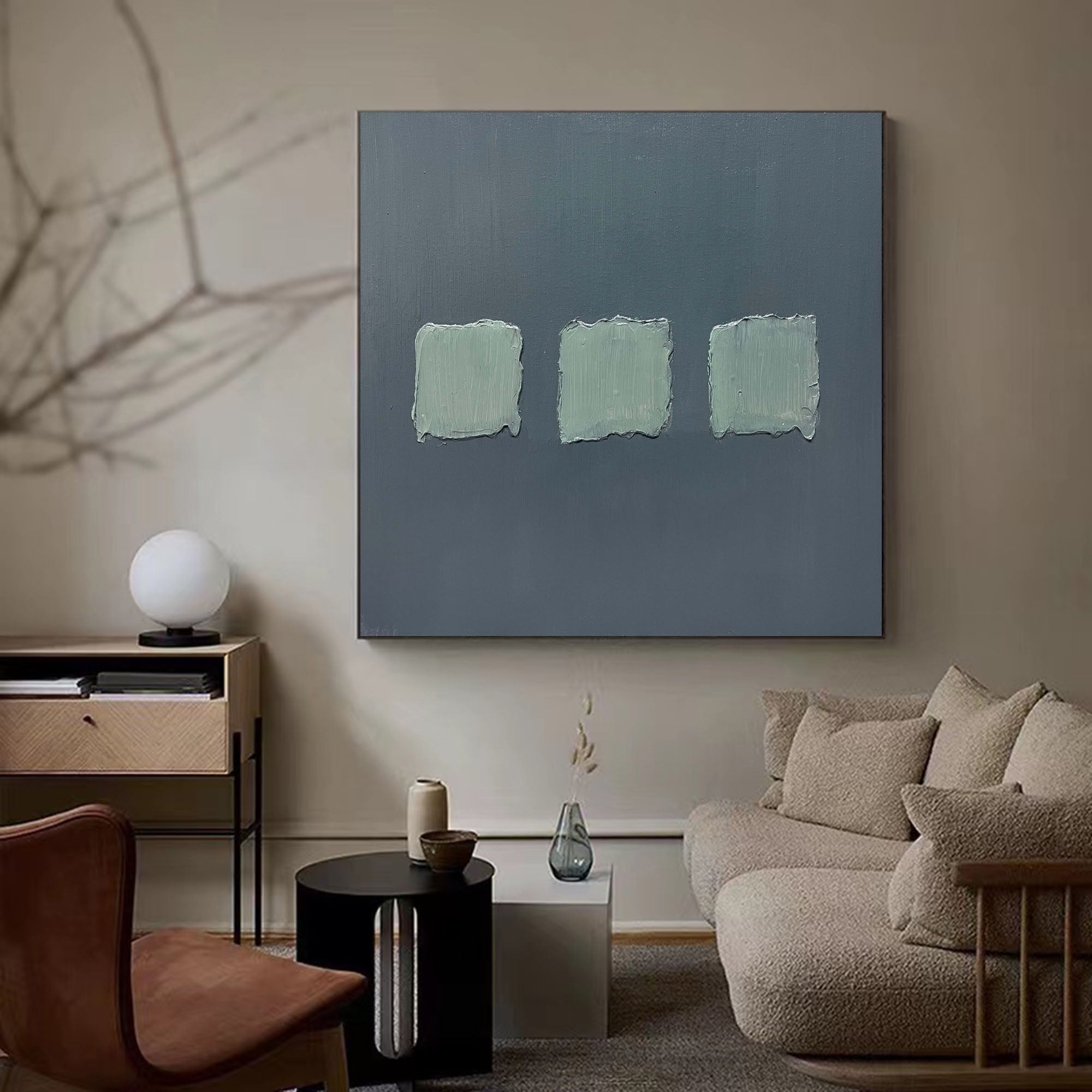 Wall Art Sage Green Textured Squares on Grey Abstract Minimalist Texture Bedroom | Neutralighting