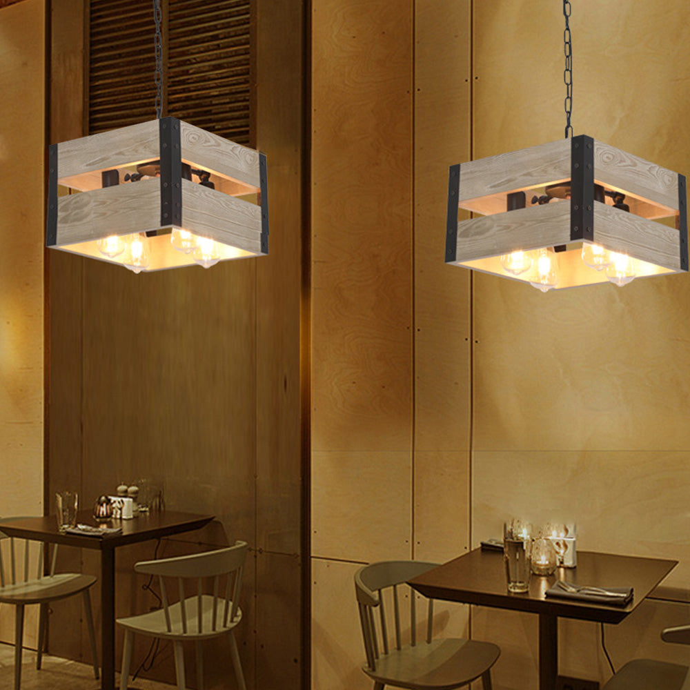 Silva Retro Square Metal & Wood Pendant Light, 4 Heads, 2 Style - Neutralighting