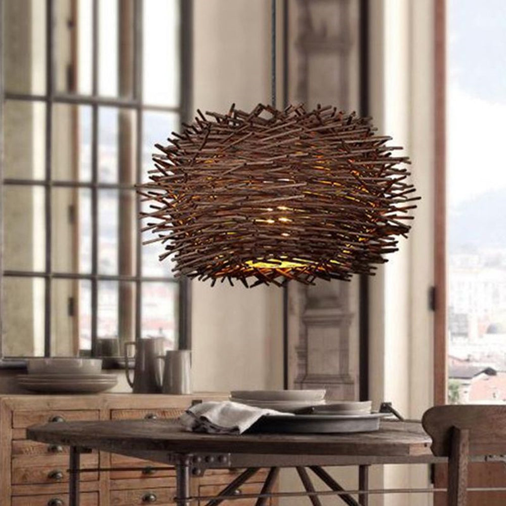 Muto Wooden Bird Nest Rattan Pendant Light, Brown/Wood - Neutralighting