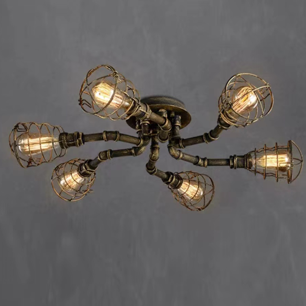 Alessio Industrial Flush Mount Ceiling Light, Black/Brass - Neutralighting