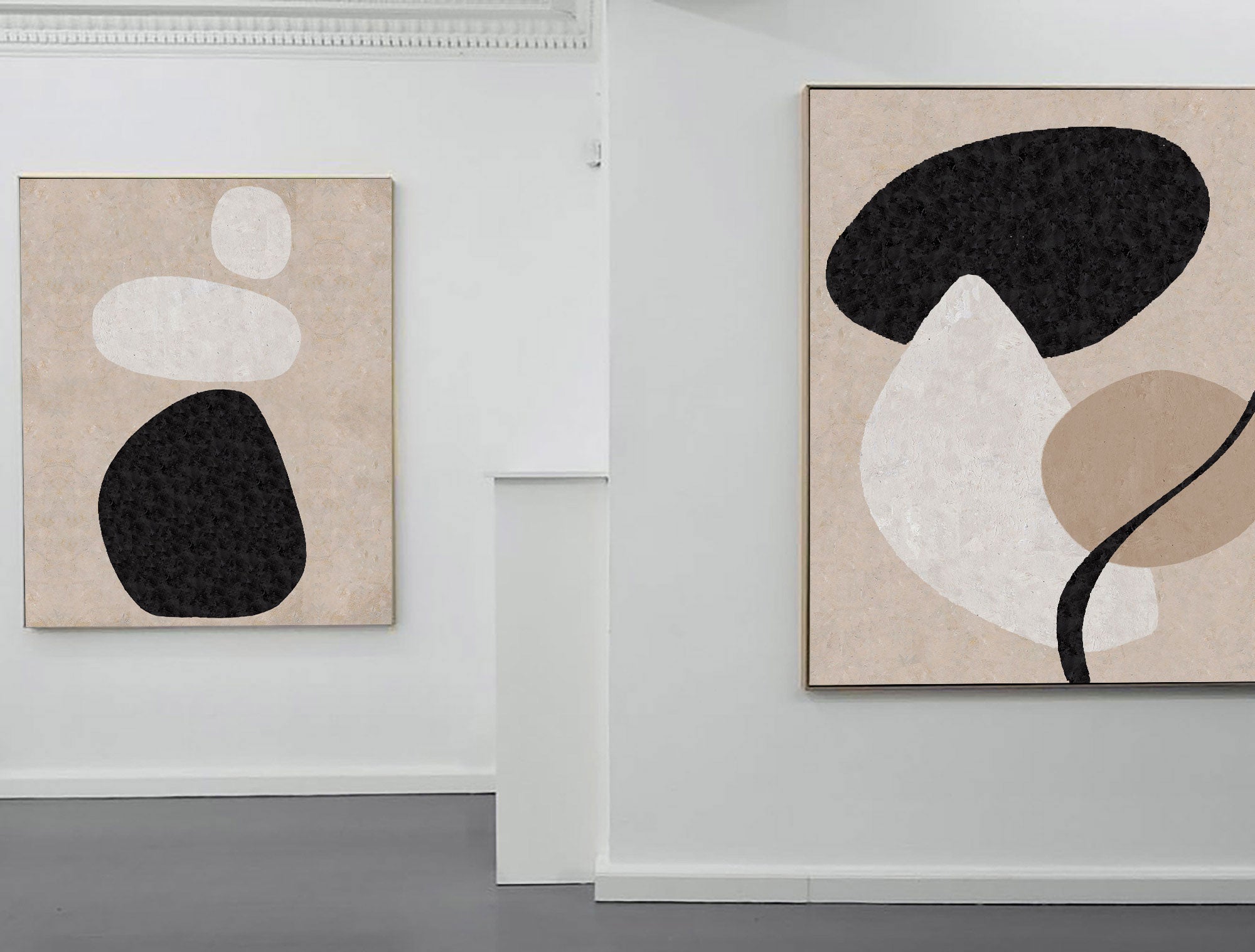 Beige Black Organic Shape Abstract Diptych