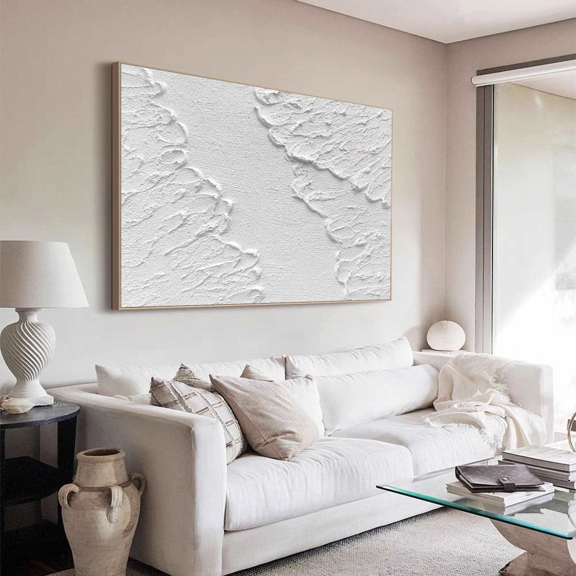 Pure‑White Horizontal Crack‑Relief Plaster‑Textured Artwork