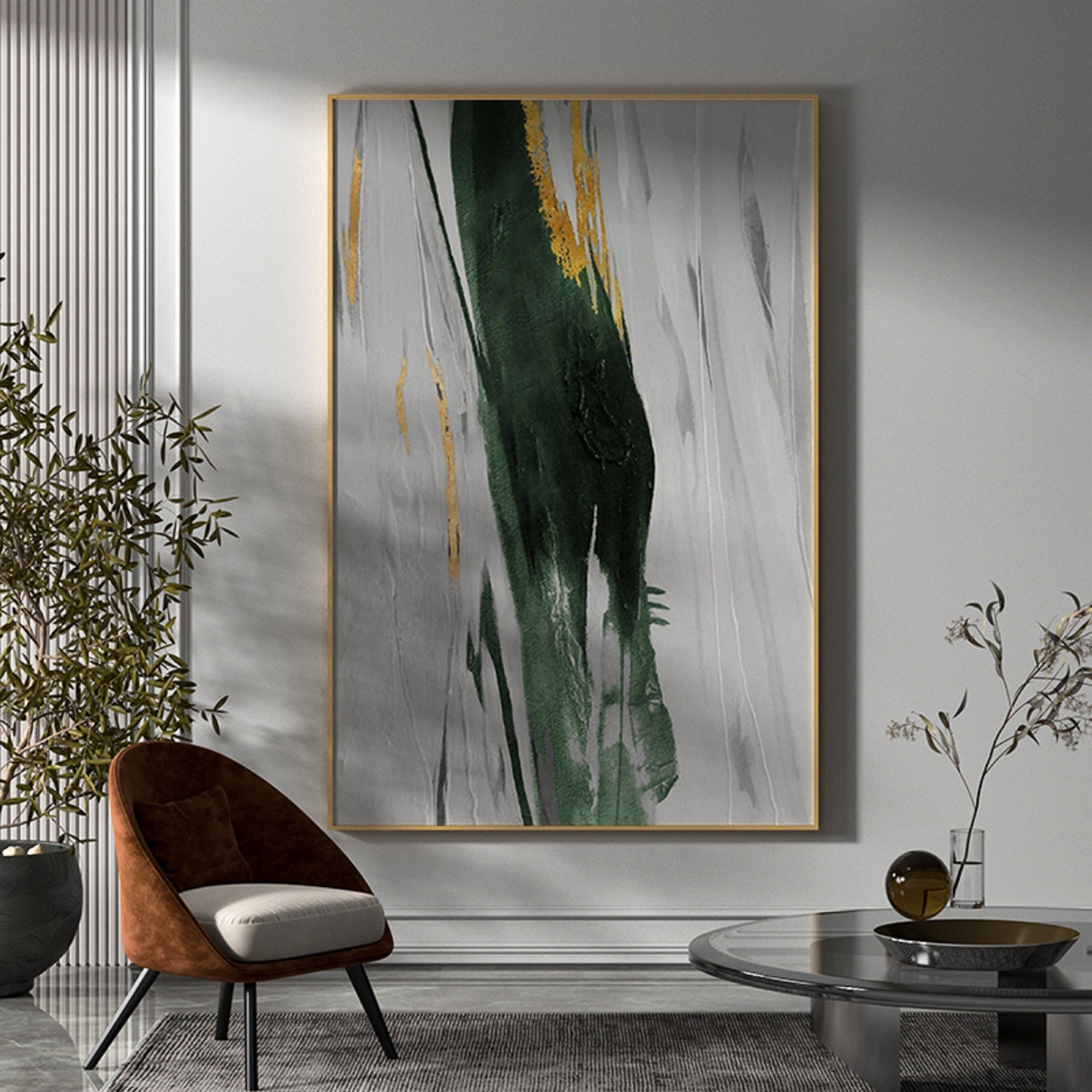 Grey‑Emerald‑Gold Vertical Streaked‑Brush Impasto‑Textured Artwork
