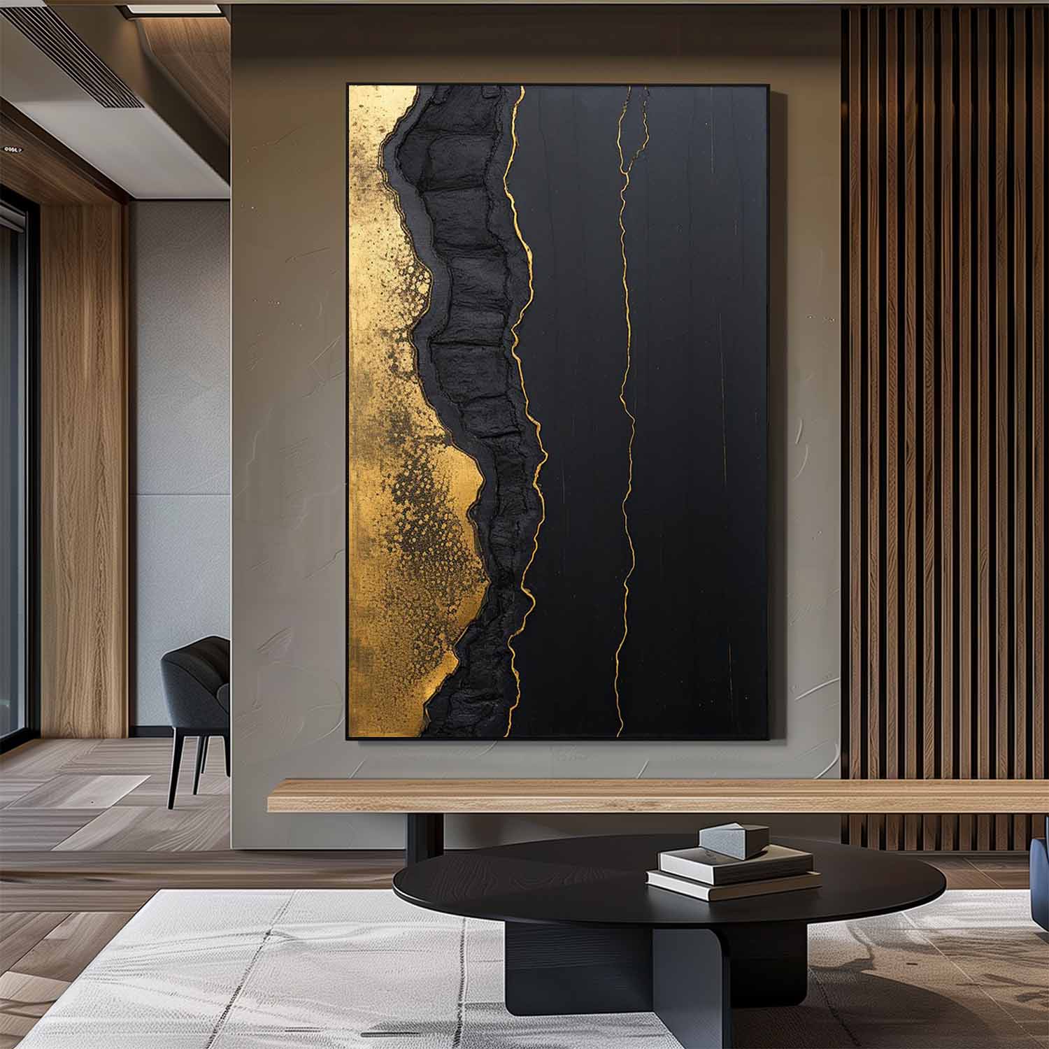 Dark Black‑Gold Foil Abstract Heavy‑Rugged Raised Tactile Textured Artwork