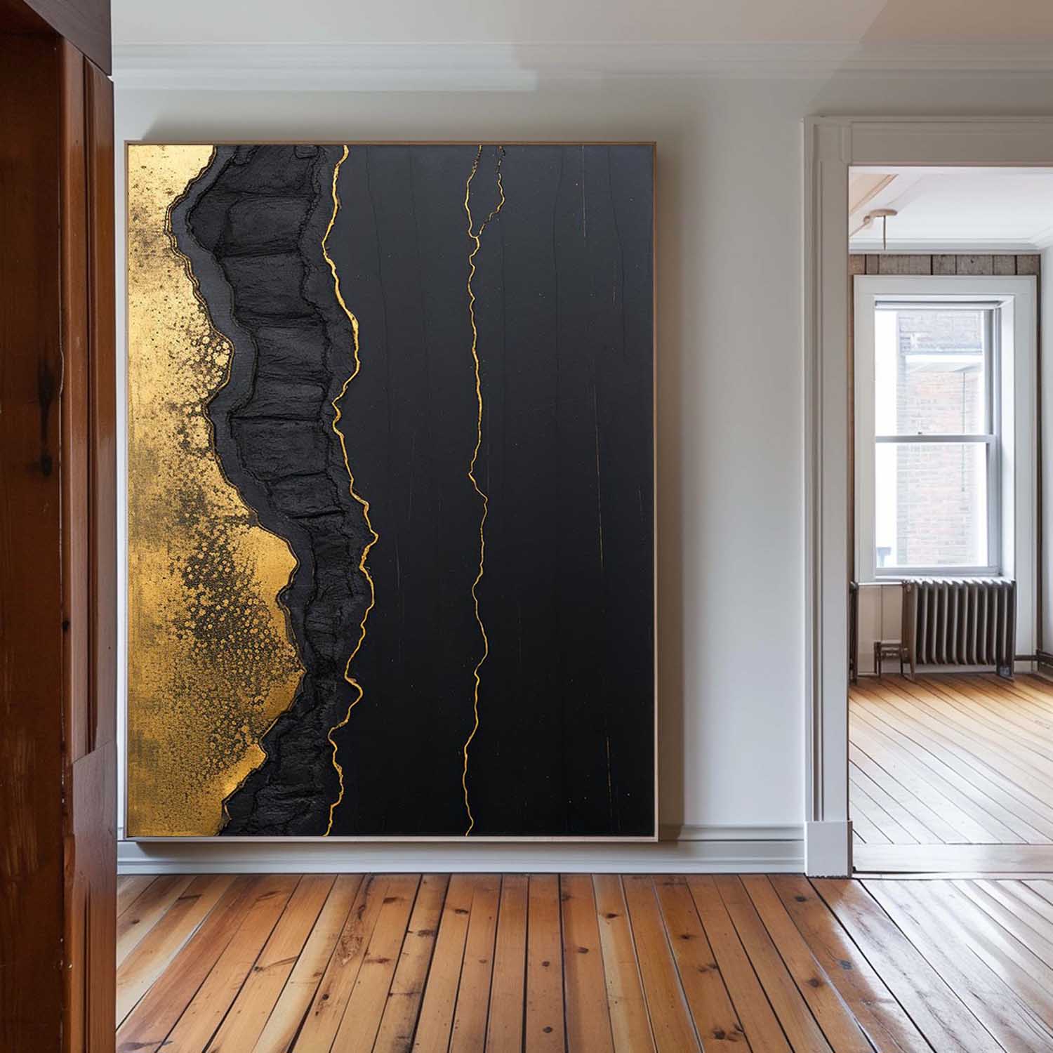 Dark Black‑Gold Foil Abstract Heavy‑Rugged Raised Tactile Textured Artwork