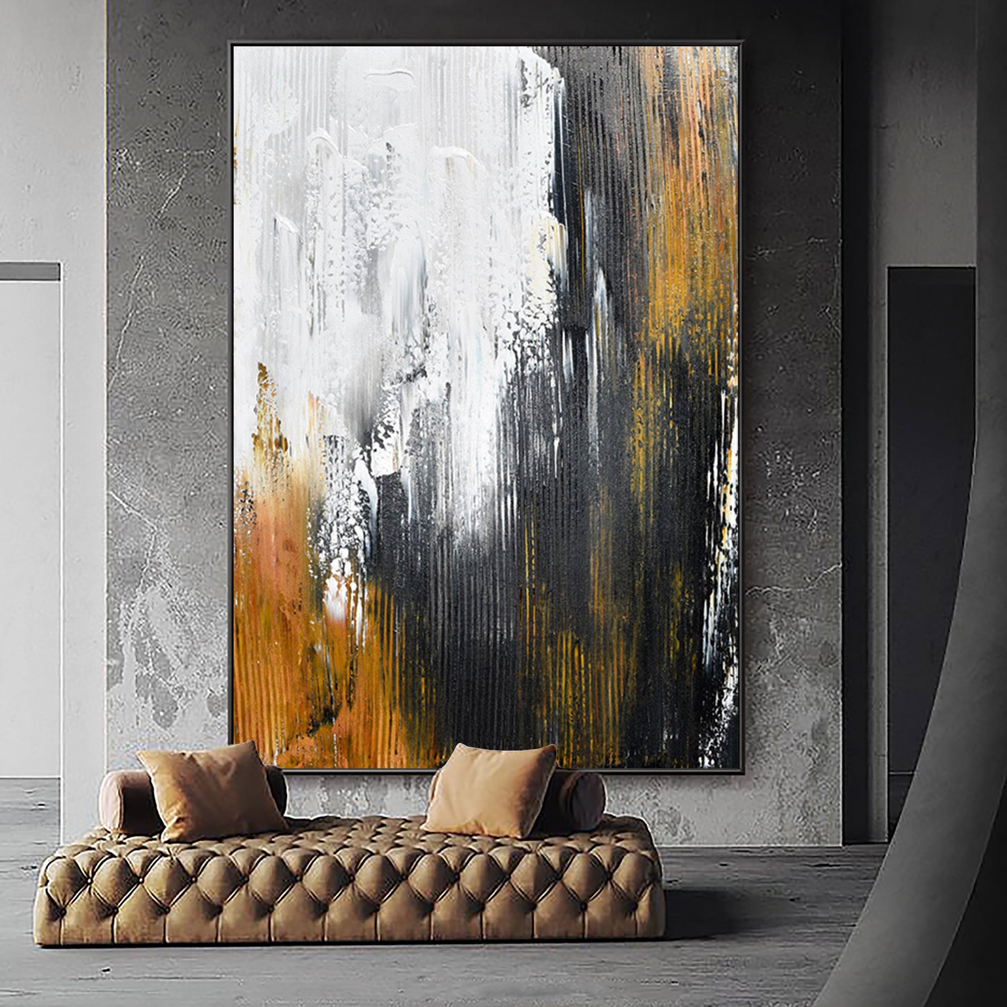 Large Contemporary Abstract Black Gold White Textured Vertical Oil Painting on Linen Canvas