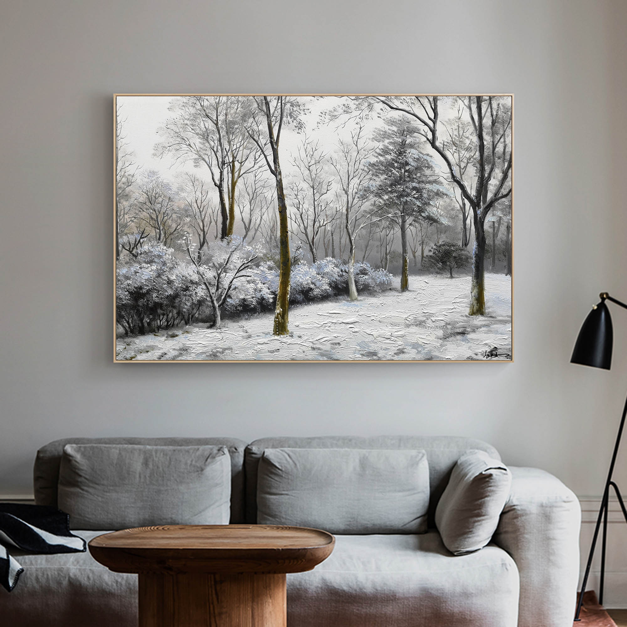 Wintry Snow‑Covered Forest Scene Muted‑Tone Peaceful Wall Art Piece