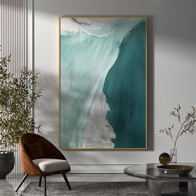 Abstract Teal White Fluid Coastal Waves Oil Acrylic Linen Canvas Painting