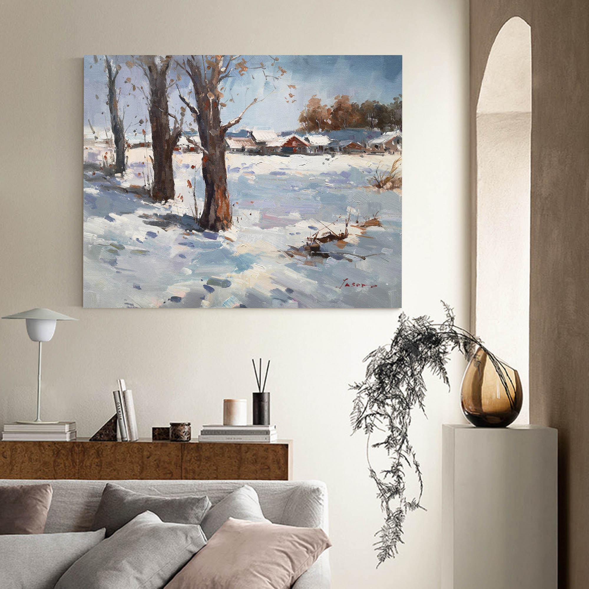 Rustic Snowy Village Winter Landscape Canvas Wall Art