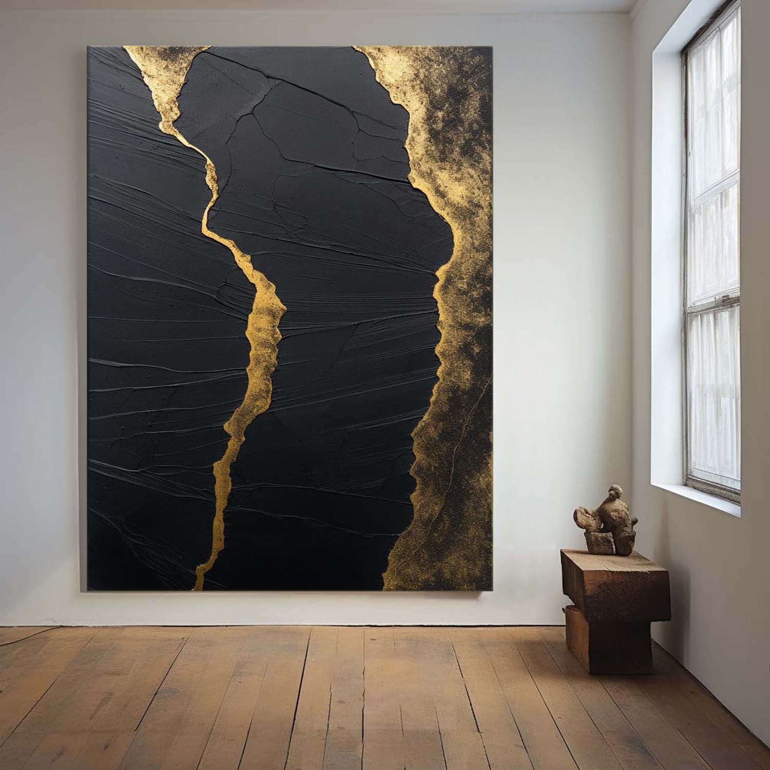 Luxury Black‑Gold Vein Abstract Heavy Impasto Metallic Textured Artwork