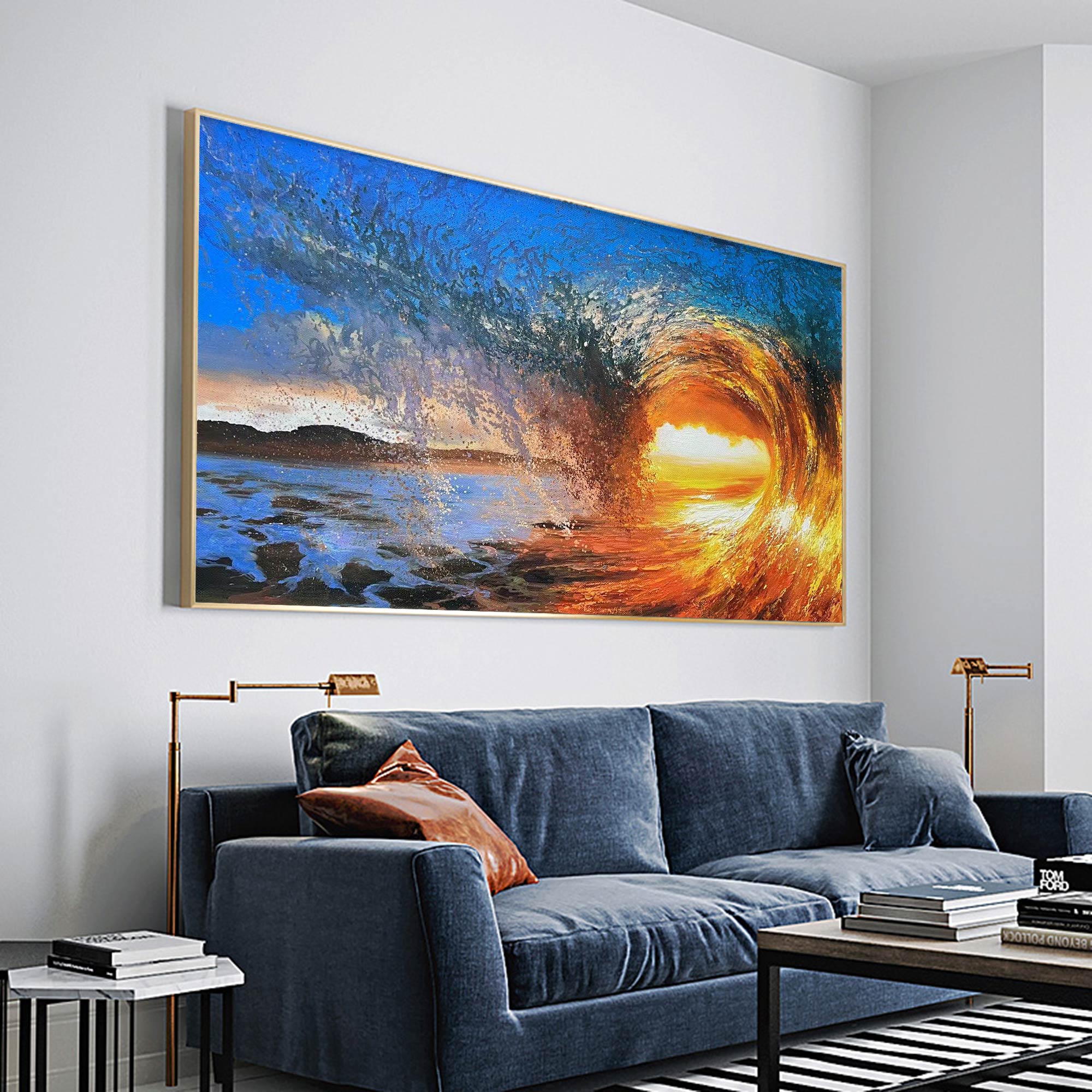 Abstract Golden Sunset Swirl Oil Acrylic Linen Canvas Painting