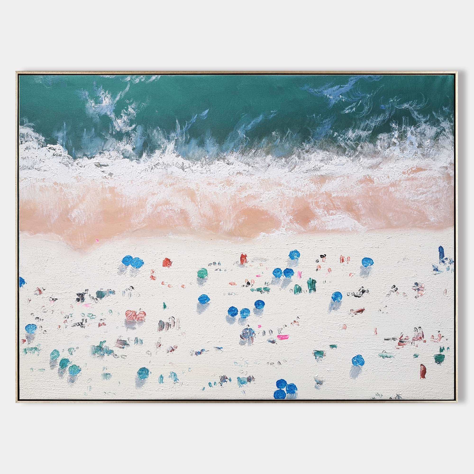 Teal‑Pink‑White Horizontal Beach‑Scene Impasto‑Textured Artwork