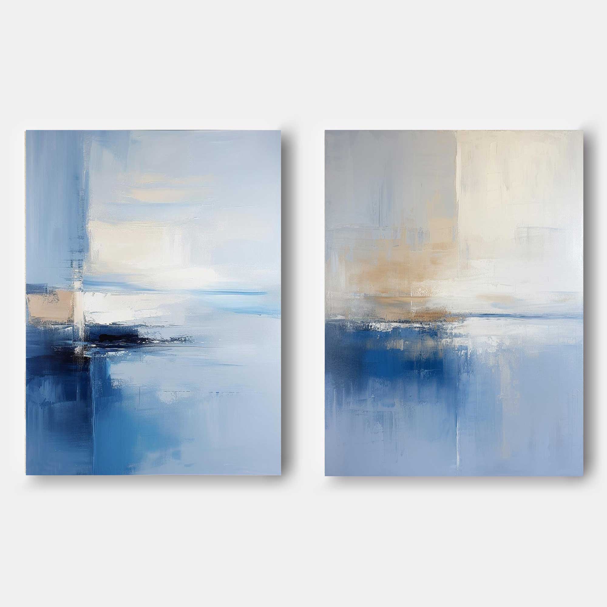 Blue Beige Abstract Ocean 2‑Piece Canvas Wall Art