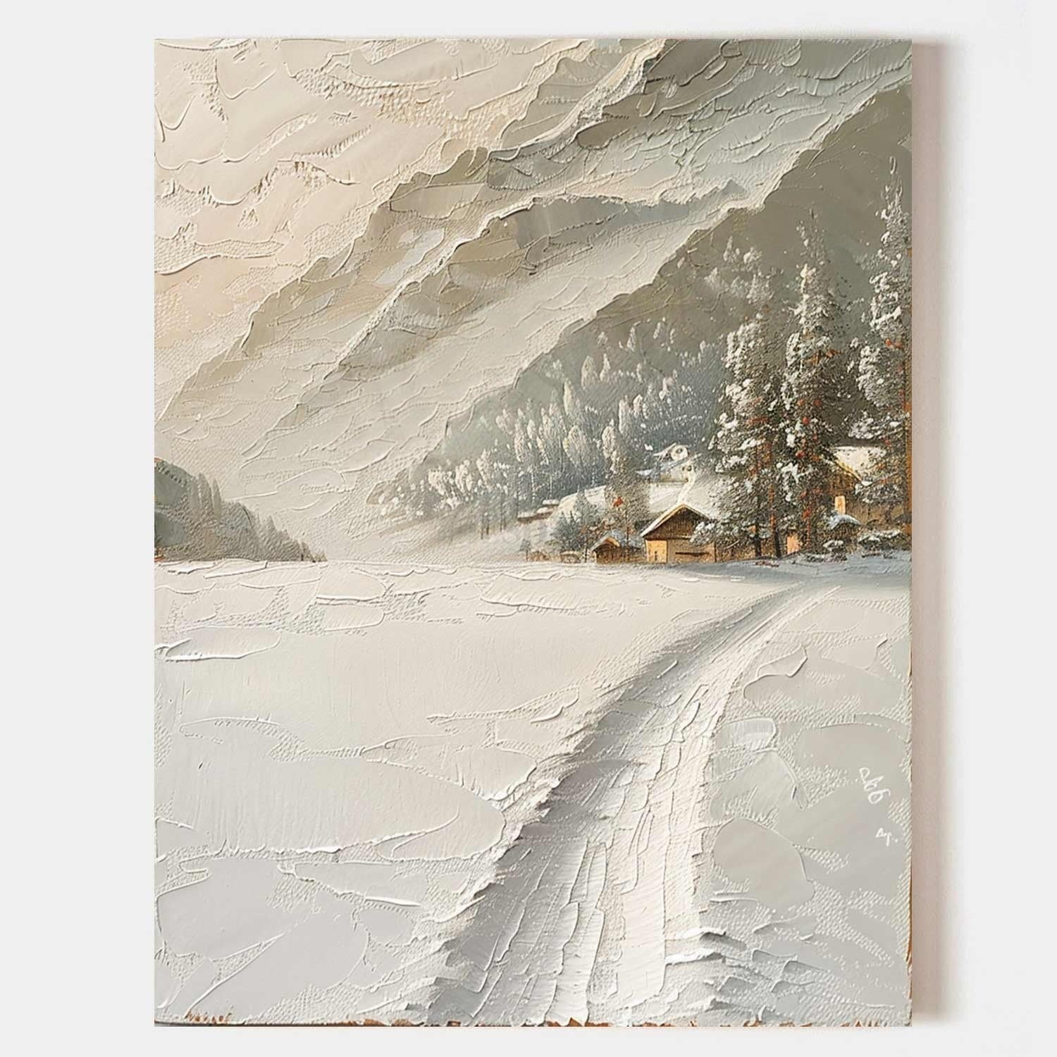 Wall Art Impasto Alpine Winter Cabin