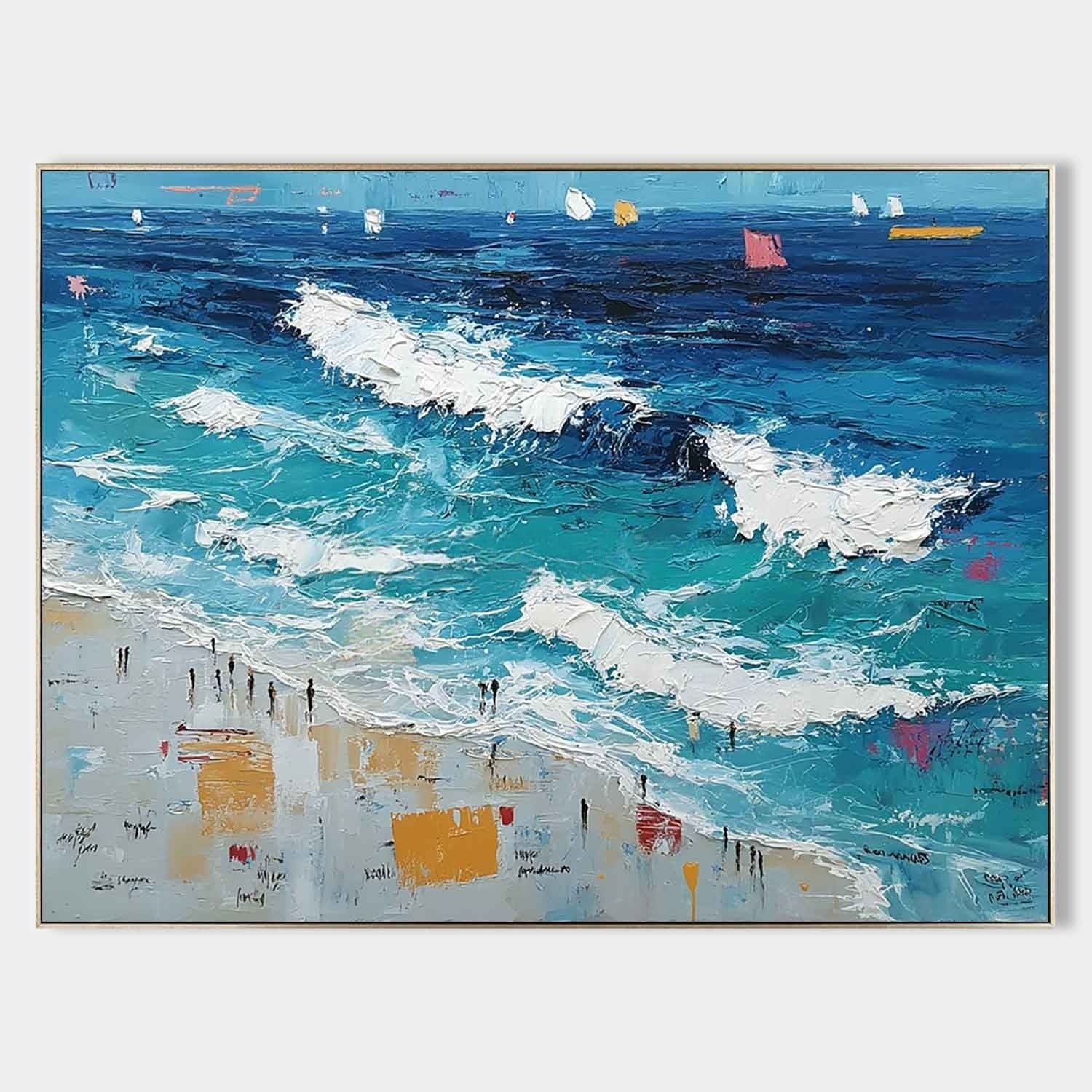 Wall Art Panoramic Impressionist Ocean Wave Scene Vivid Turquoise