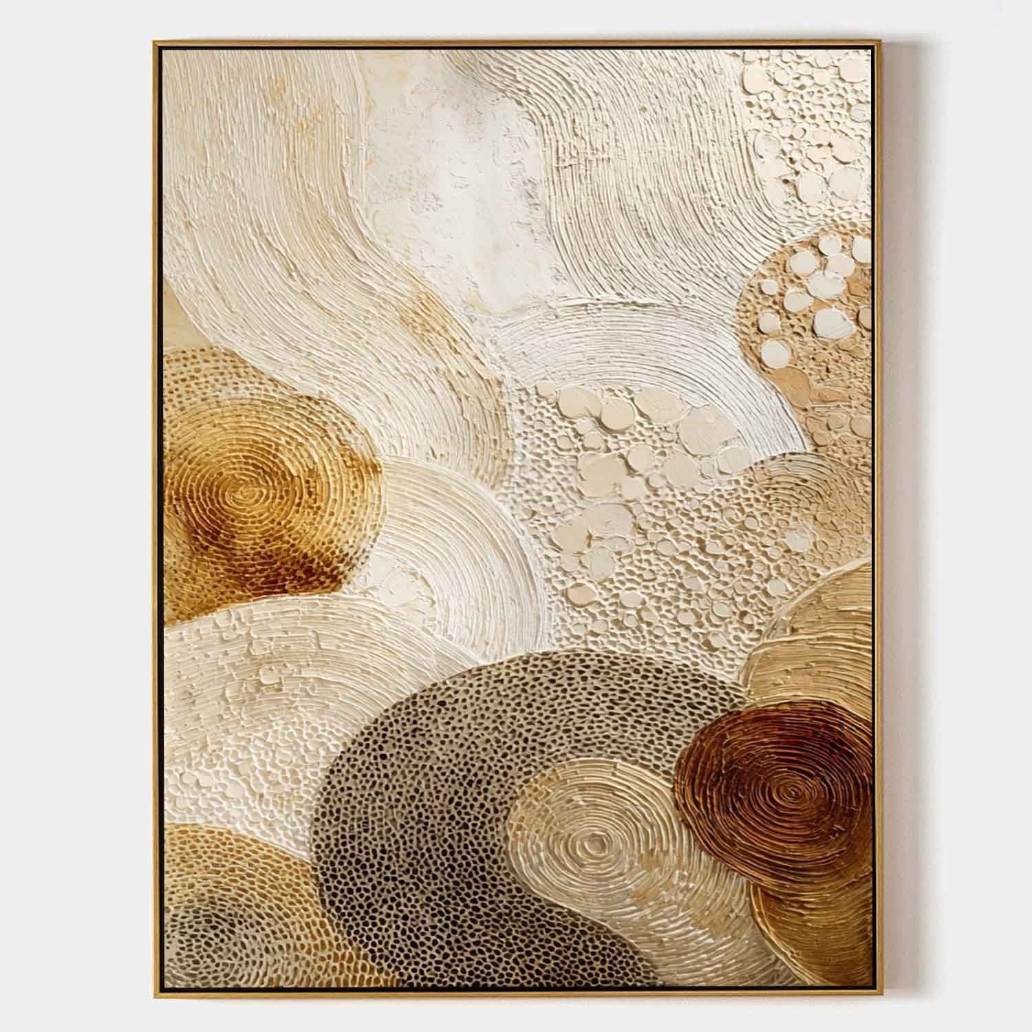 Gold Beige Abstract Circle Textured Canvas Art