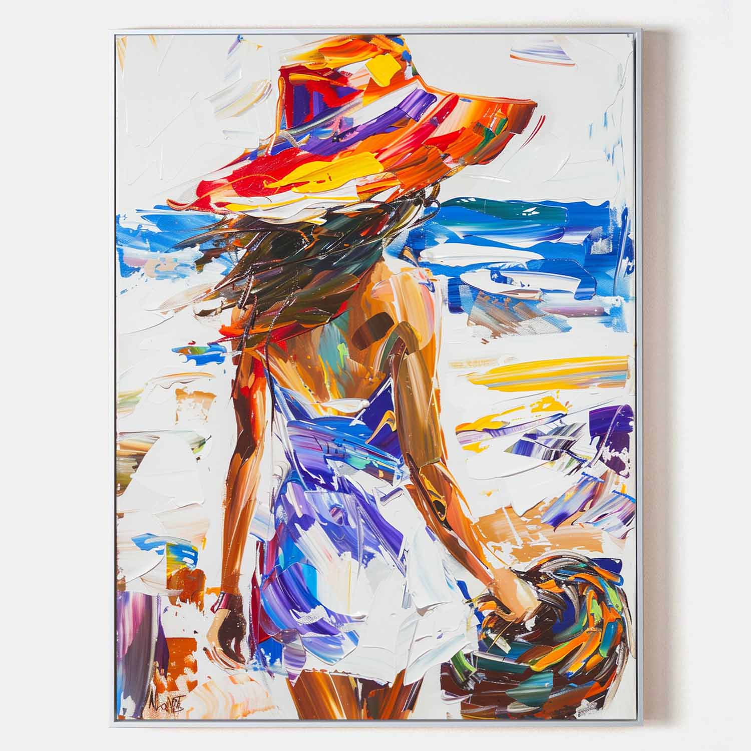 Colorful Hat Woman Beach Oil Painting