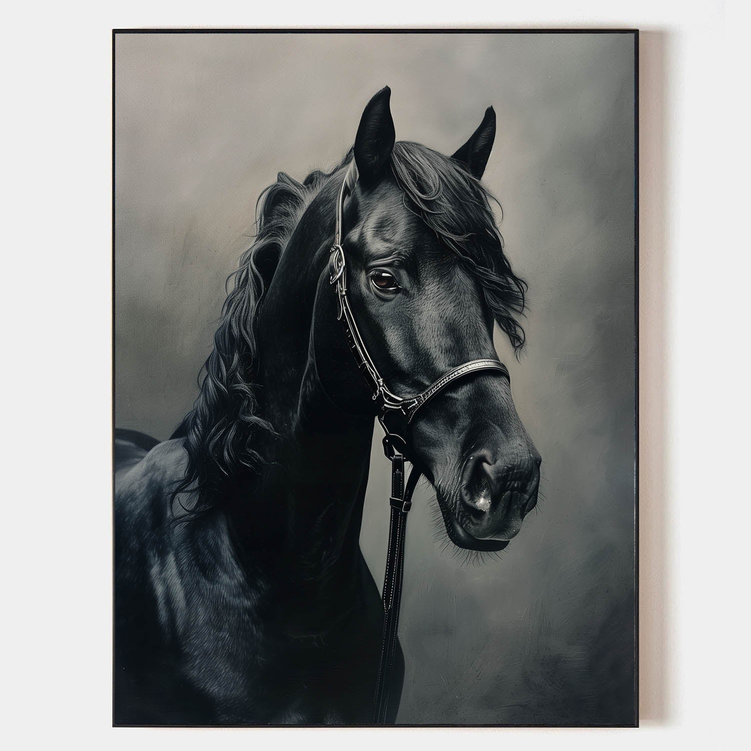 Lifelike Black Horse Portrait Dark‑Tone Realistic Detailed Textured Artwork