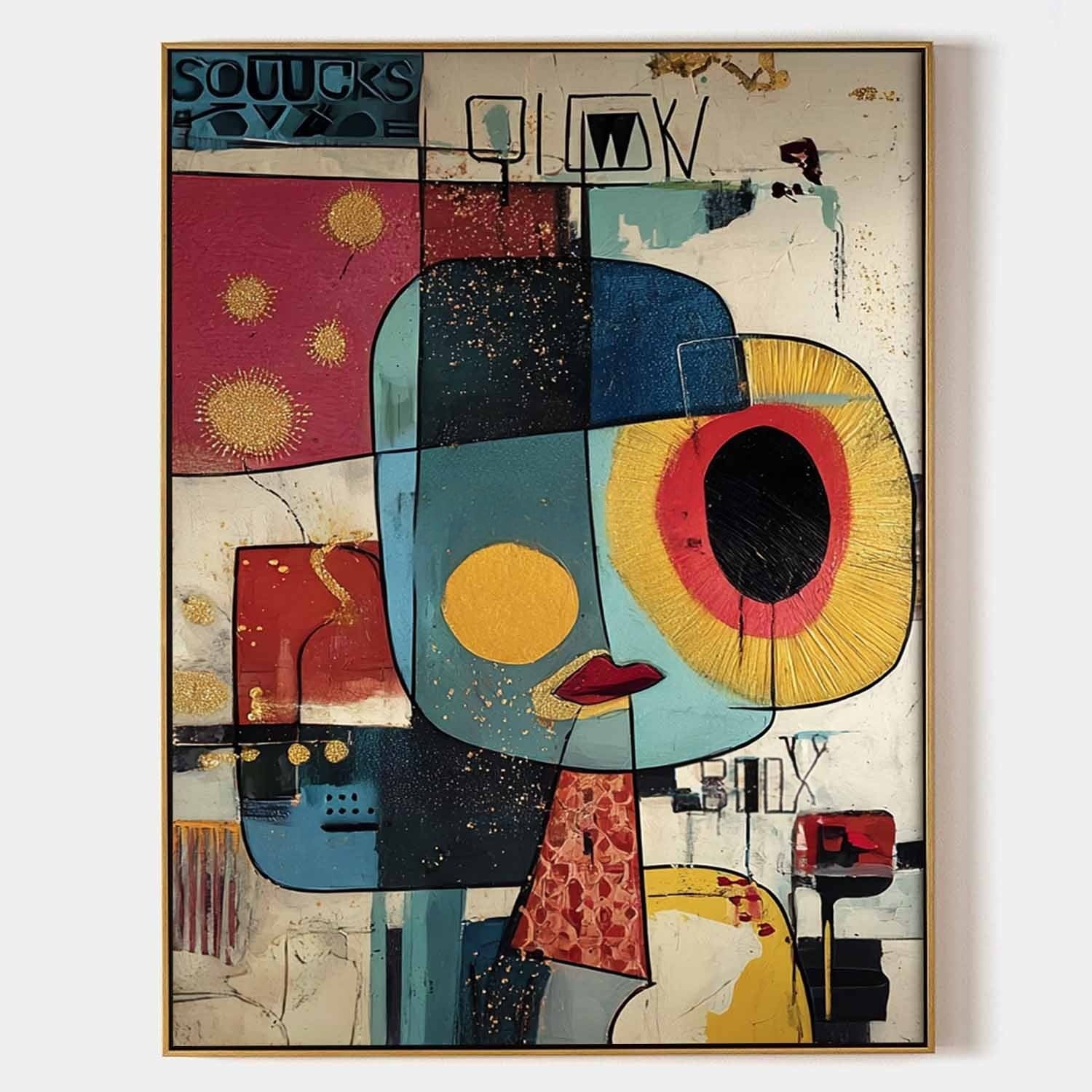 Wall Art Cubist Face Abstract Gold Oil Painting