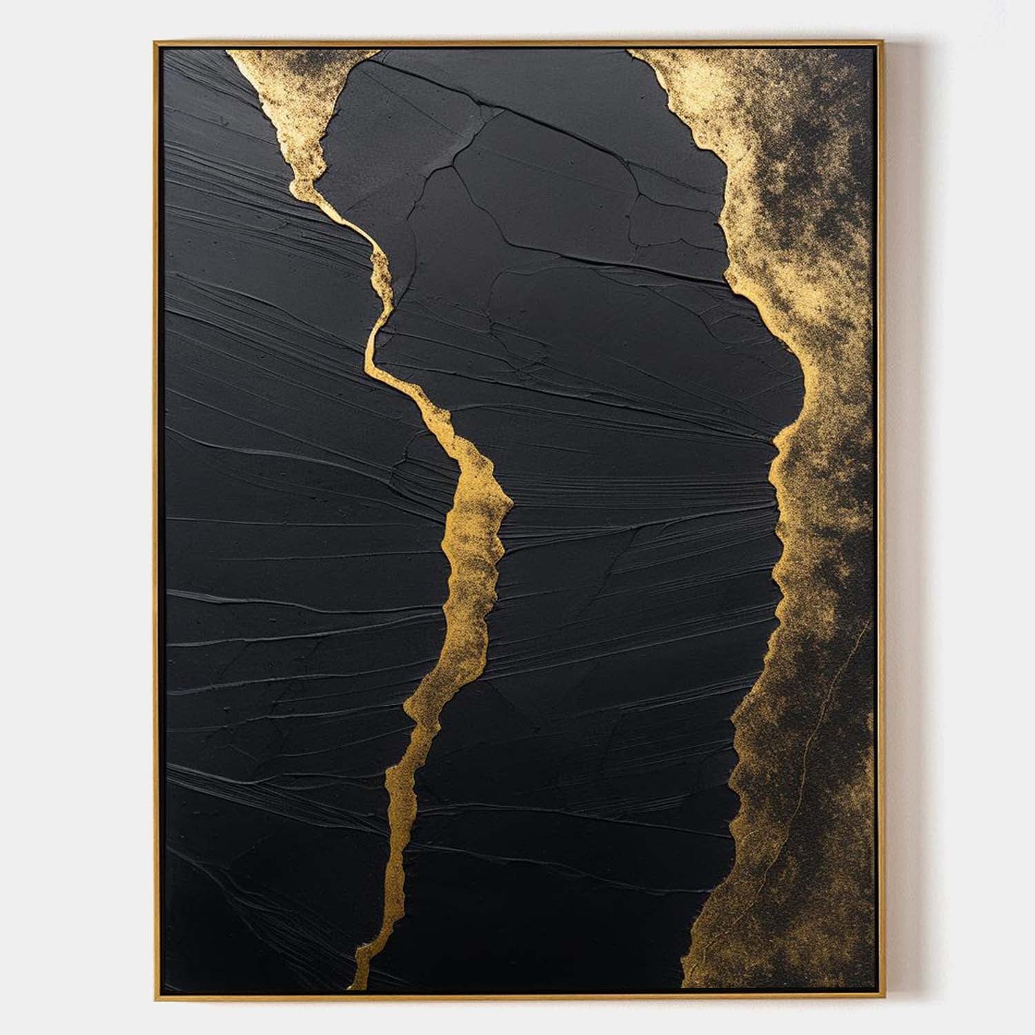 Luxury Black‑Gold Vein Abstract Heavy Impasto Metallic Textured Artwork