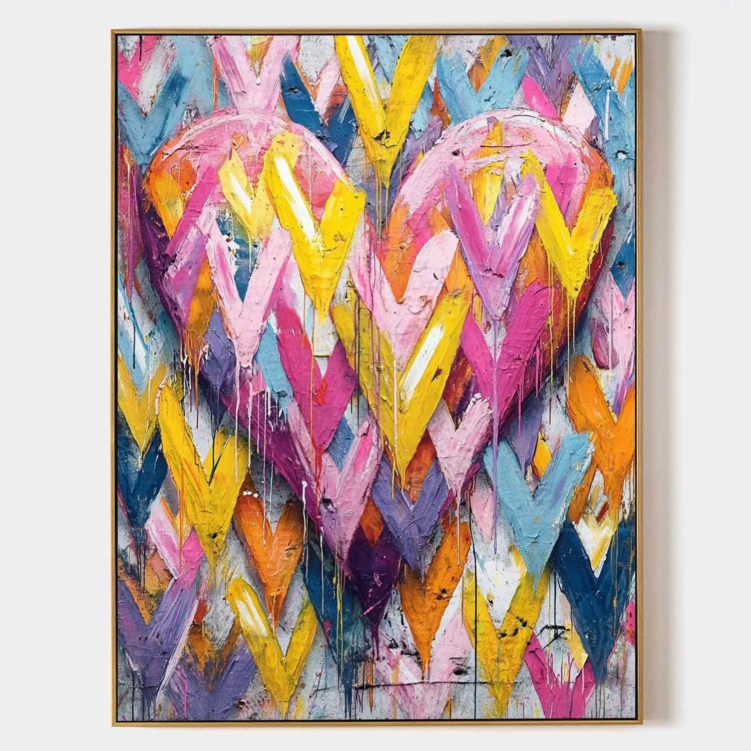 Vibrant Chevron Double Heart Impasto Painting