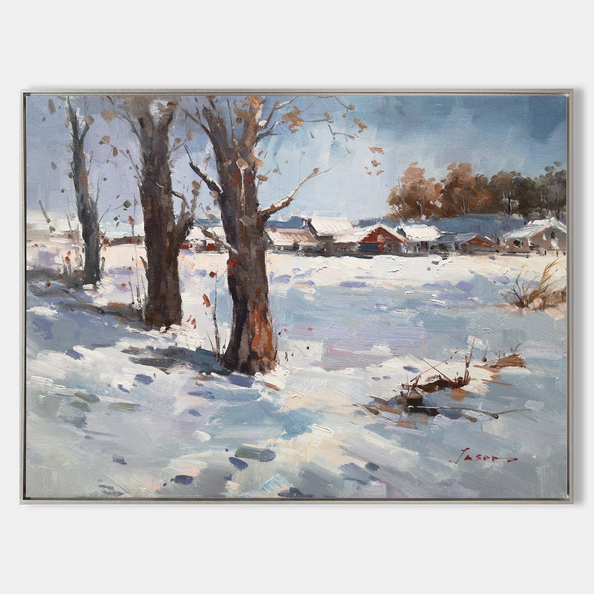 Rustic Snowy Village Winter Landscape Canvas Wall Art