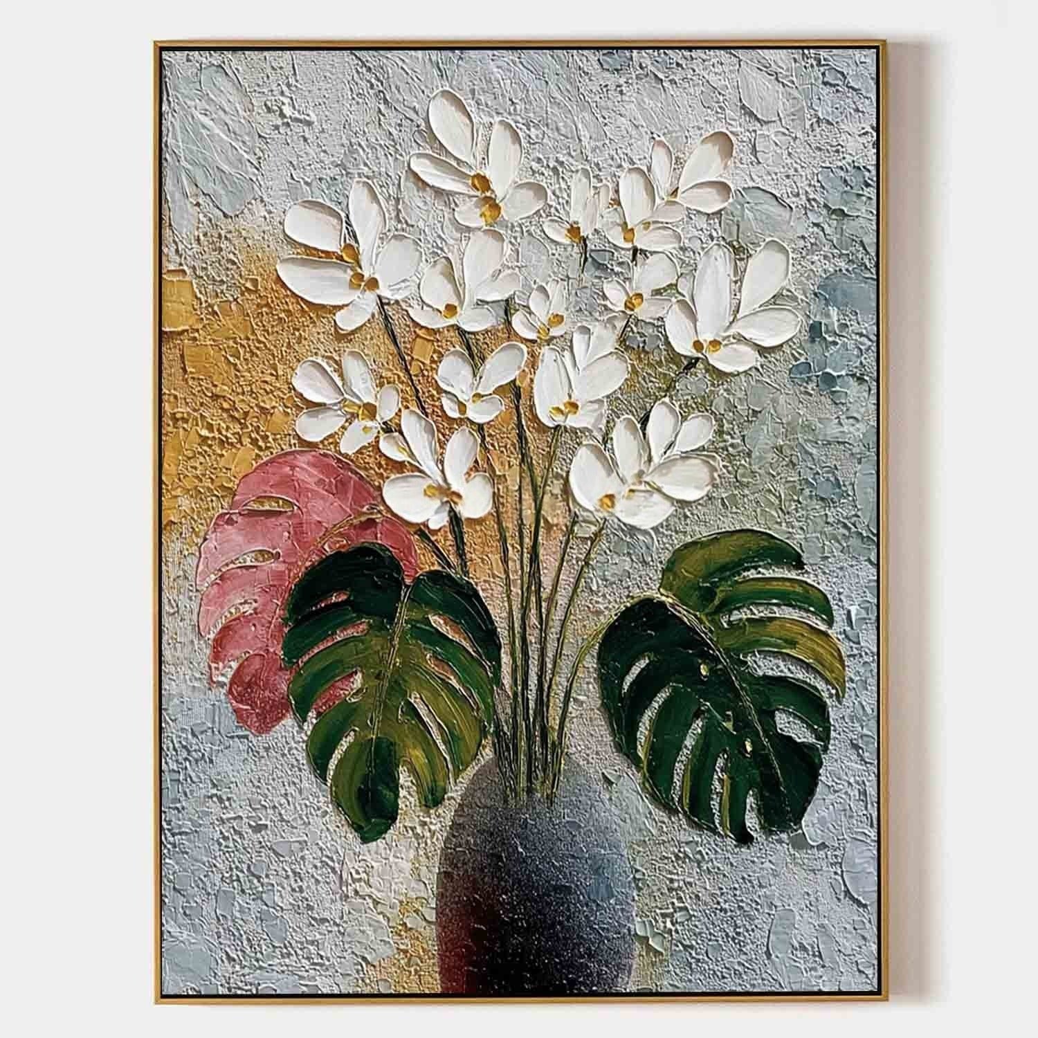 White Blossoms Monstera Impasto Painting