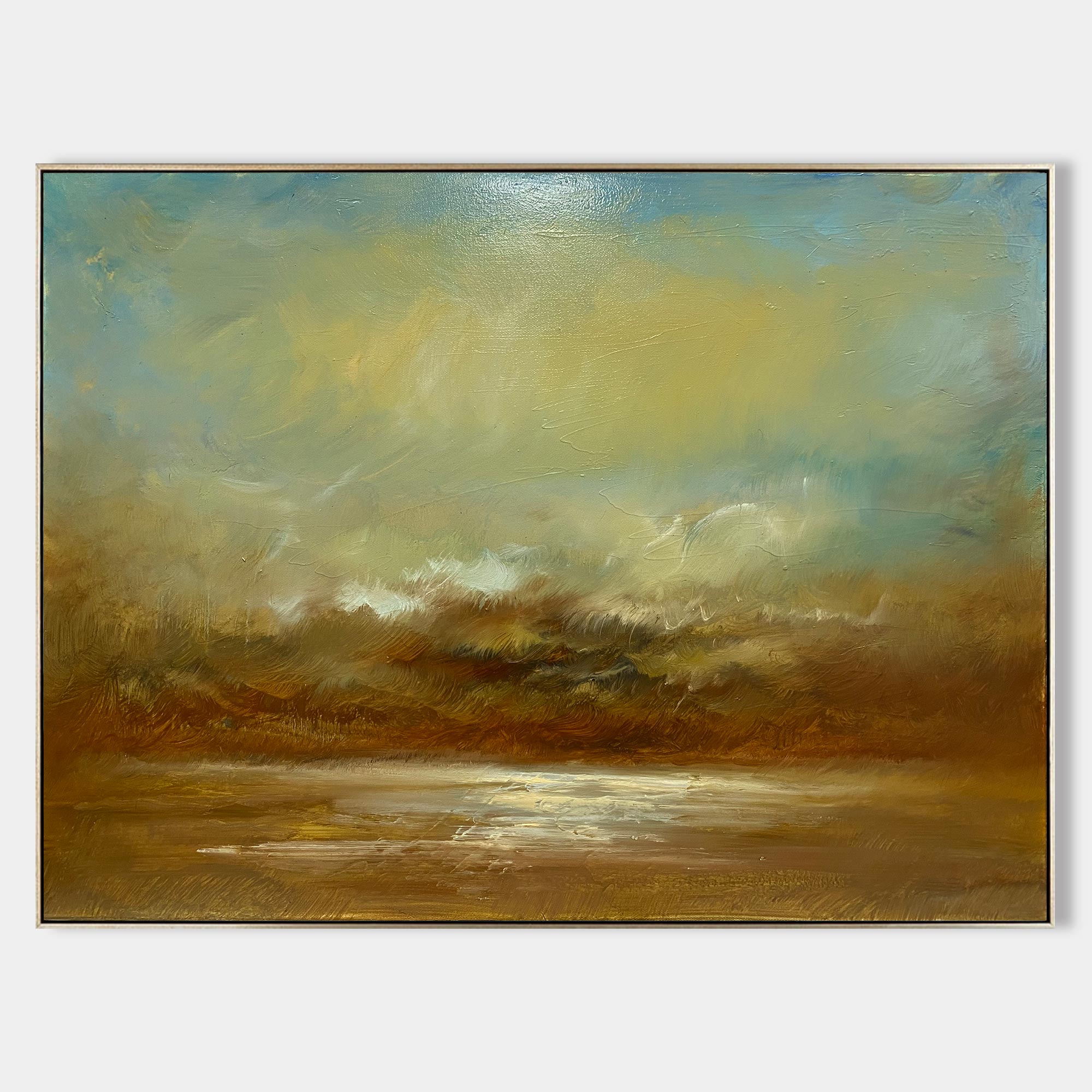 Abstract Teal Gold Coastal Sunset Landscape Oil Acrylic Linen Canvas Painting