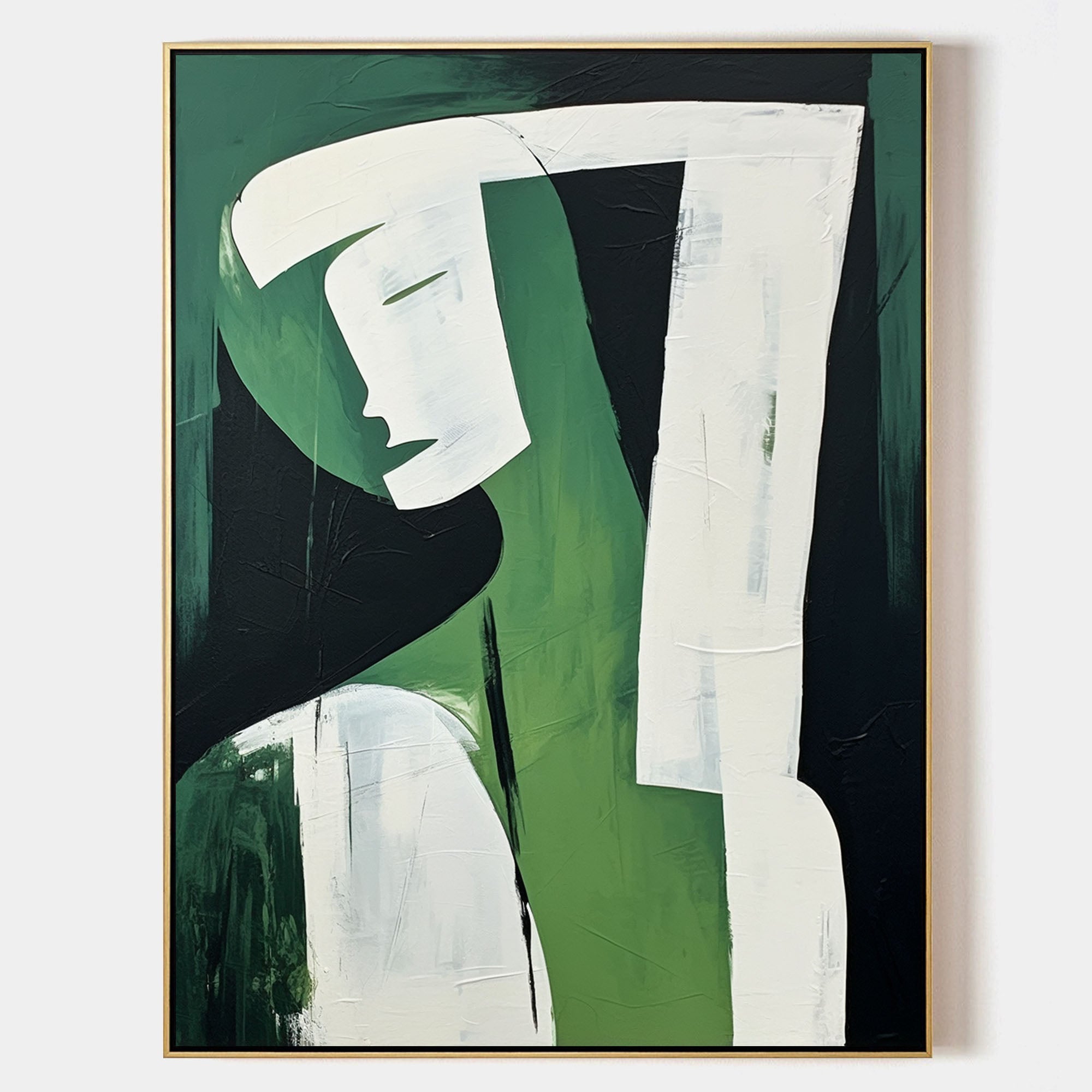 Wall Art Green Black Abstract Face Profile Plaster