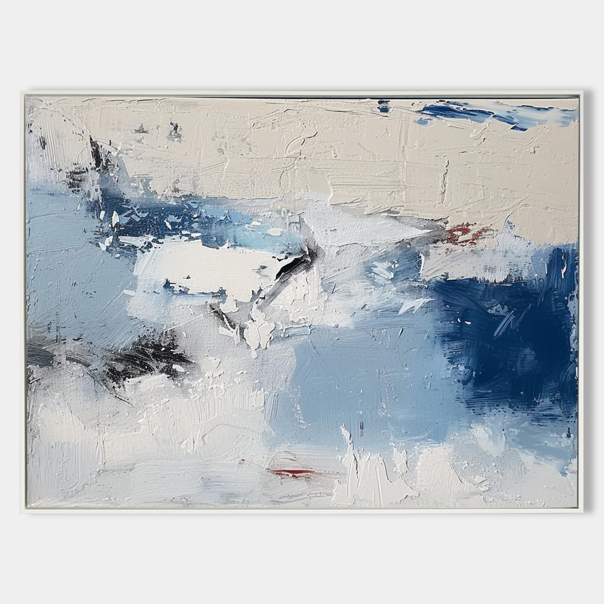 Cool‑Tone Blue‑White‑Grey Abstract Heavy Impasto Blended‑Hue Textured Artwor