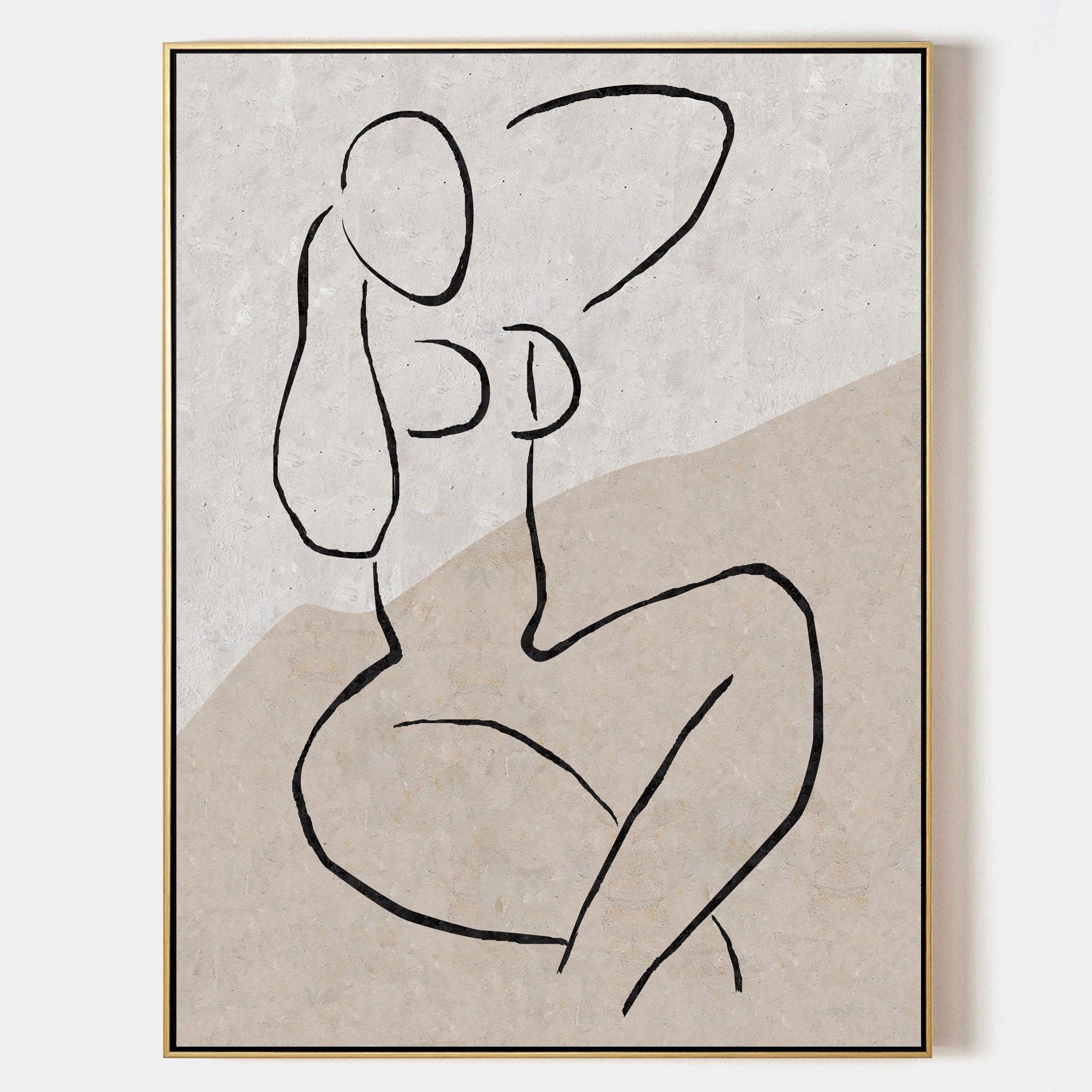 Minimalist Beige Black Line Art Figure Painting