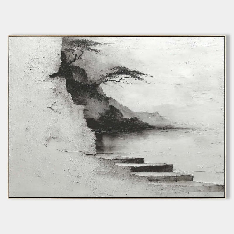 Wall Art Monochrome Cliff Tree Lakeside Landscape