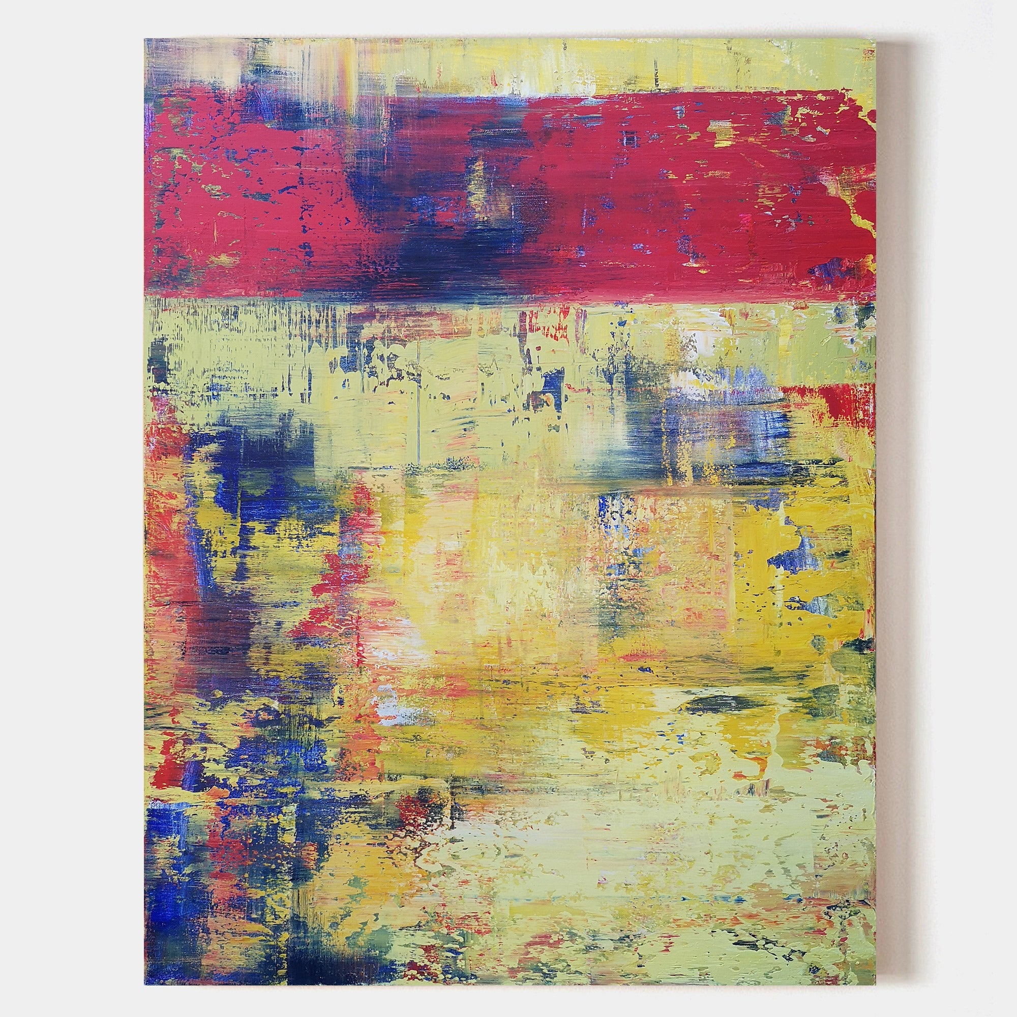 Red‑Yellow‑Blue Vertical Abstract Vibrant Layered Impasto‑Textured Artwork