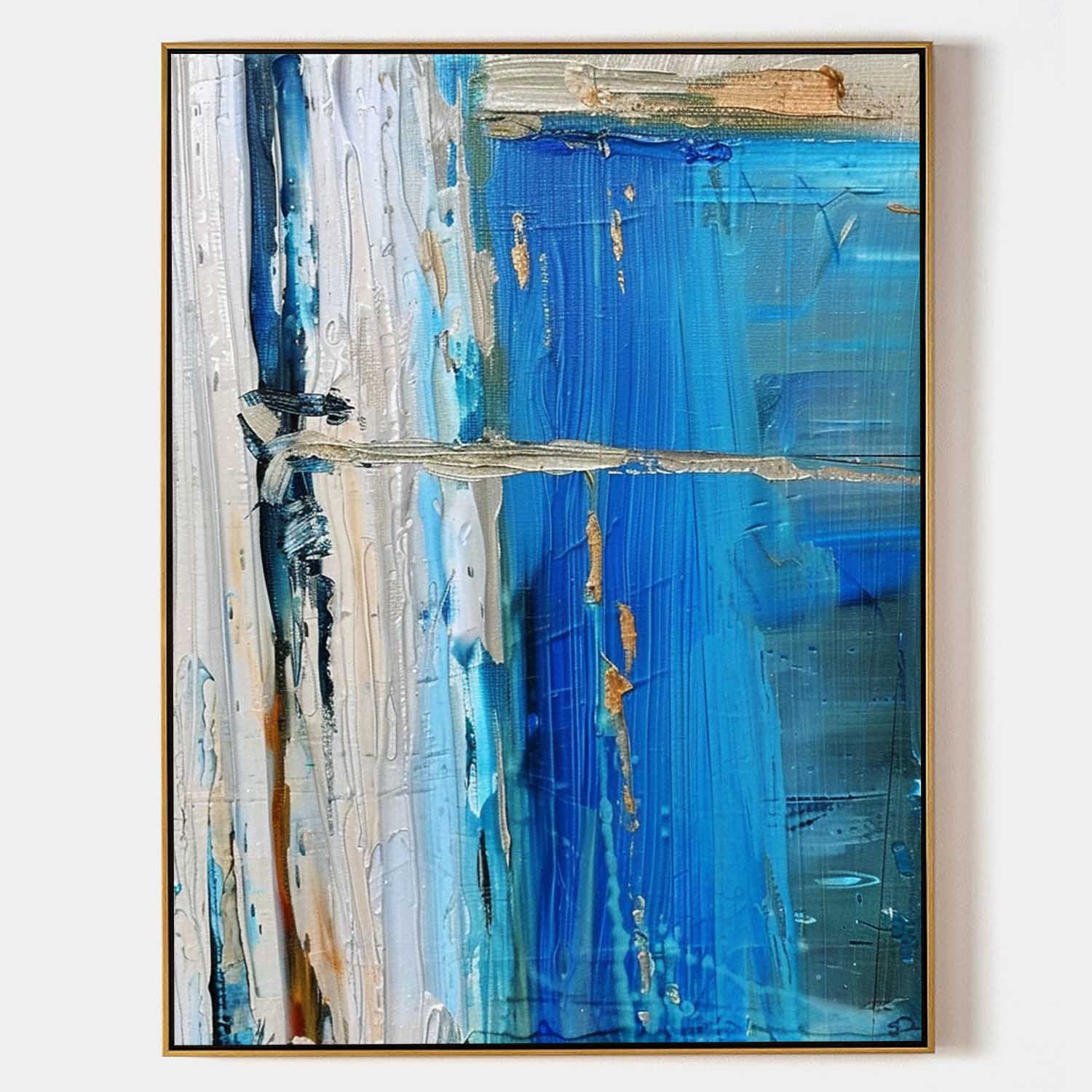 3D Textured Coastal Painting Blue White Modern Wall Art