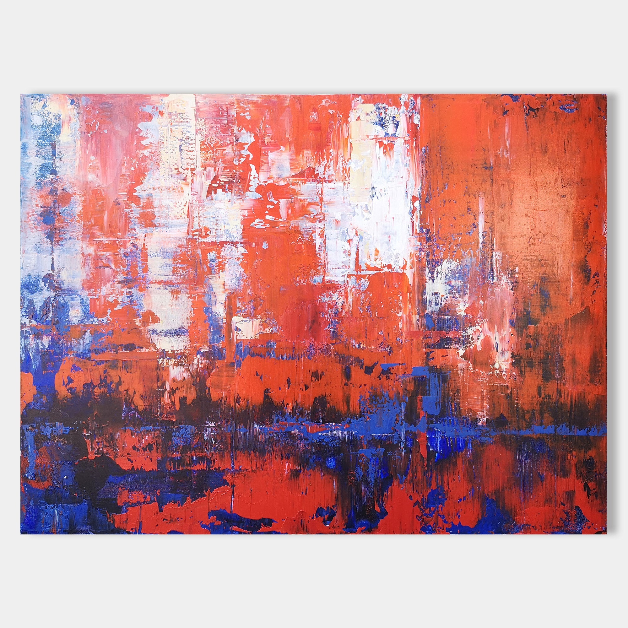Red‑Orange‑Blue Horizontal Abstract Expressive Impasto‑Textured Artwork