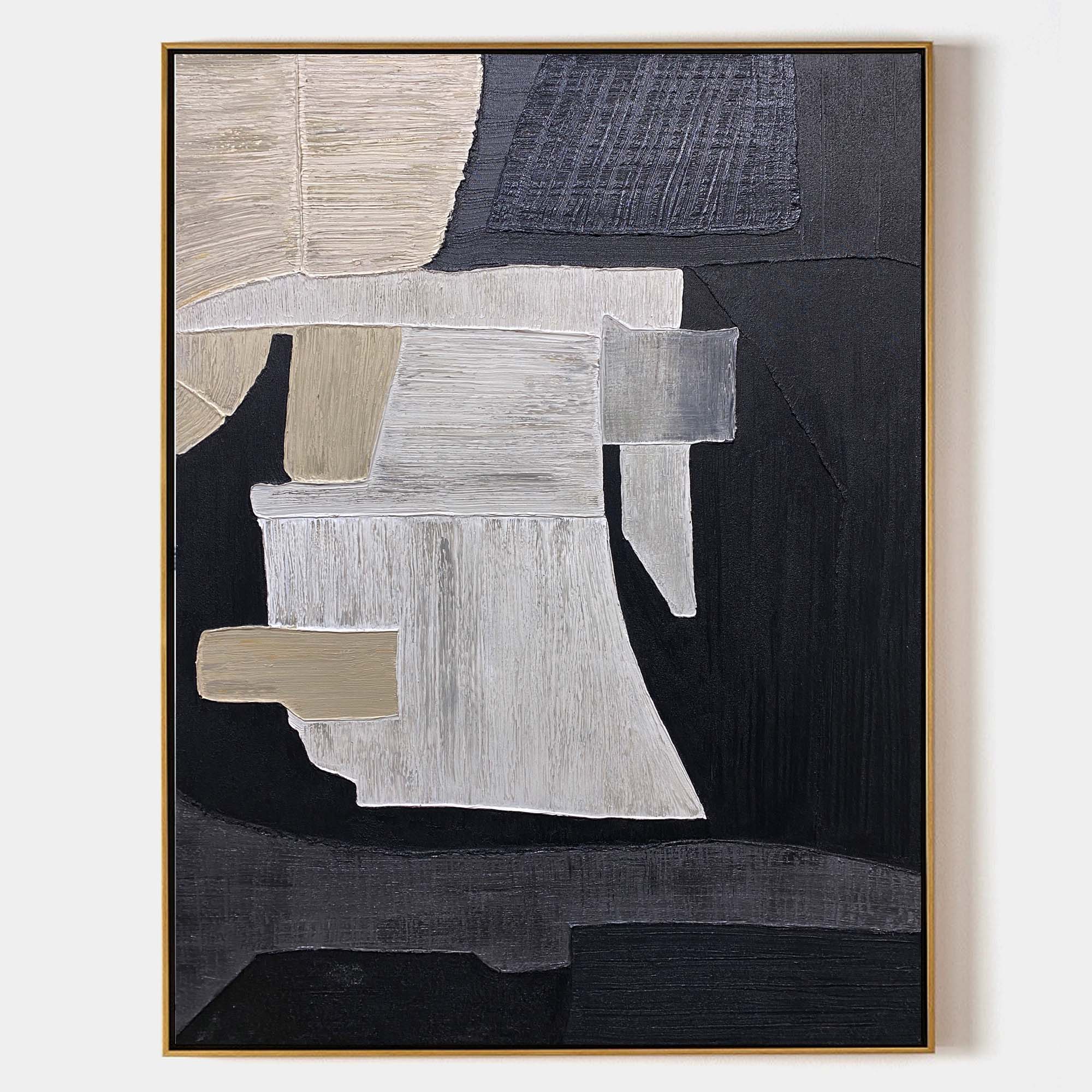 Black‑Beige‑Cream Vertical Patch‑Collage Impasto‑Textured Artwork