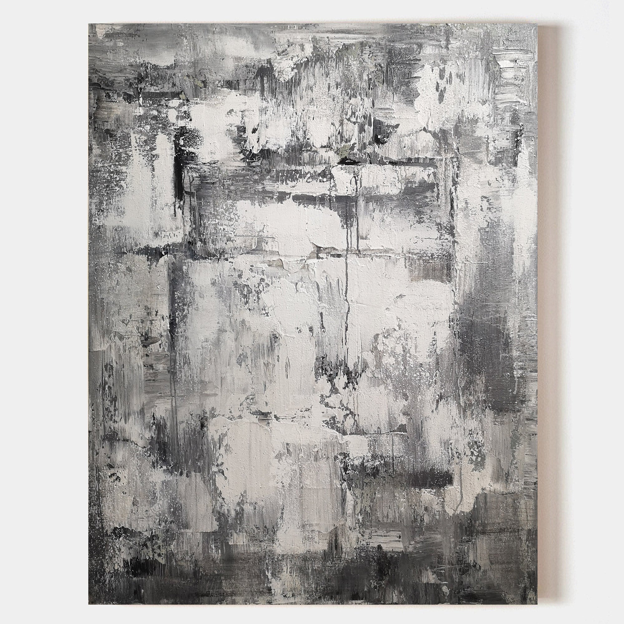 Black‑White‑Grey Vertical Abstract Rugged Impasto‑Textured Artwork
