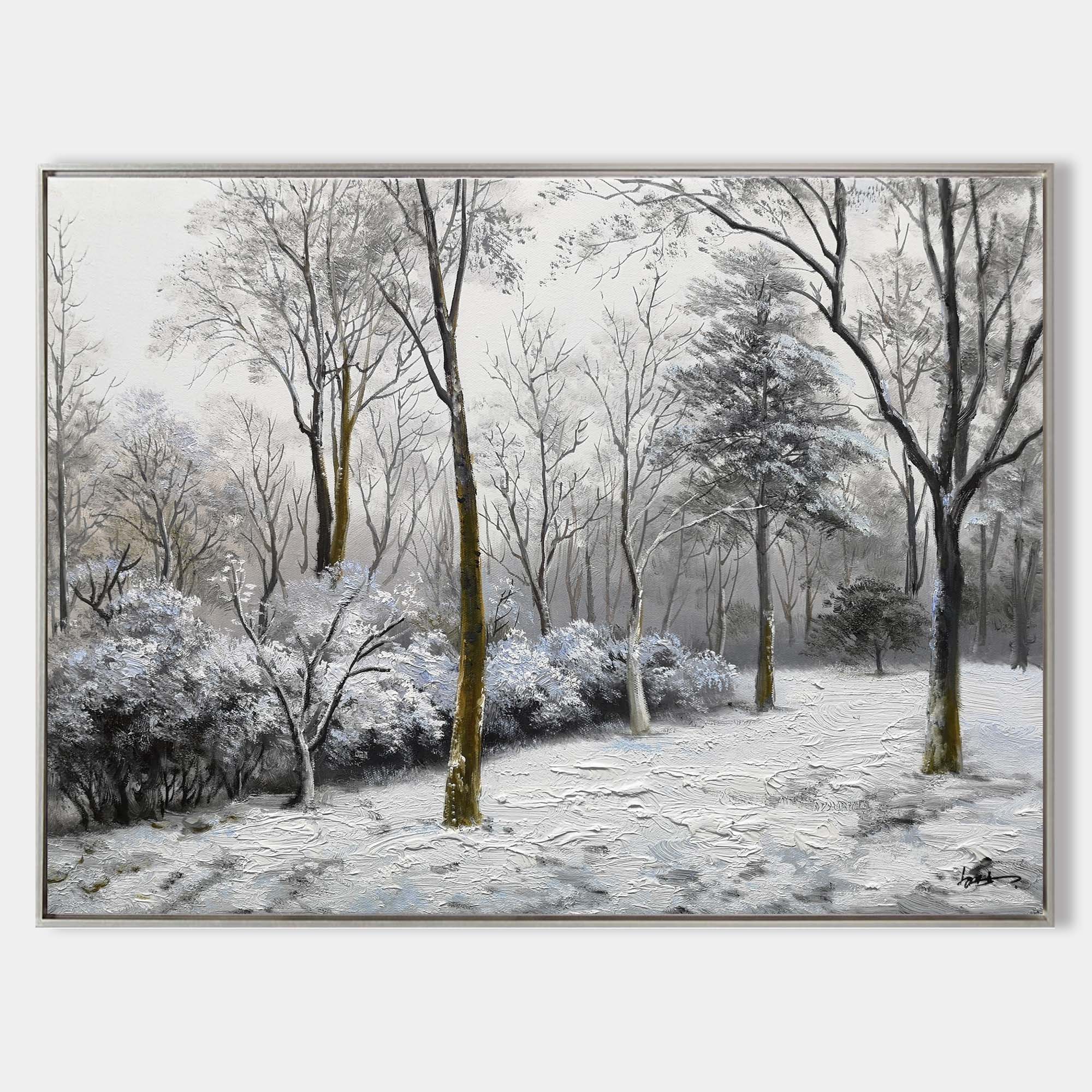 Wintry Snow‑Covered Forest Scene Muted‑Tone Peaceful Wall Art Piece