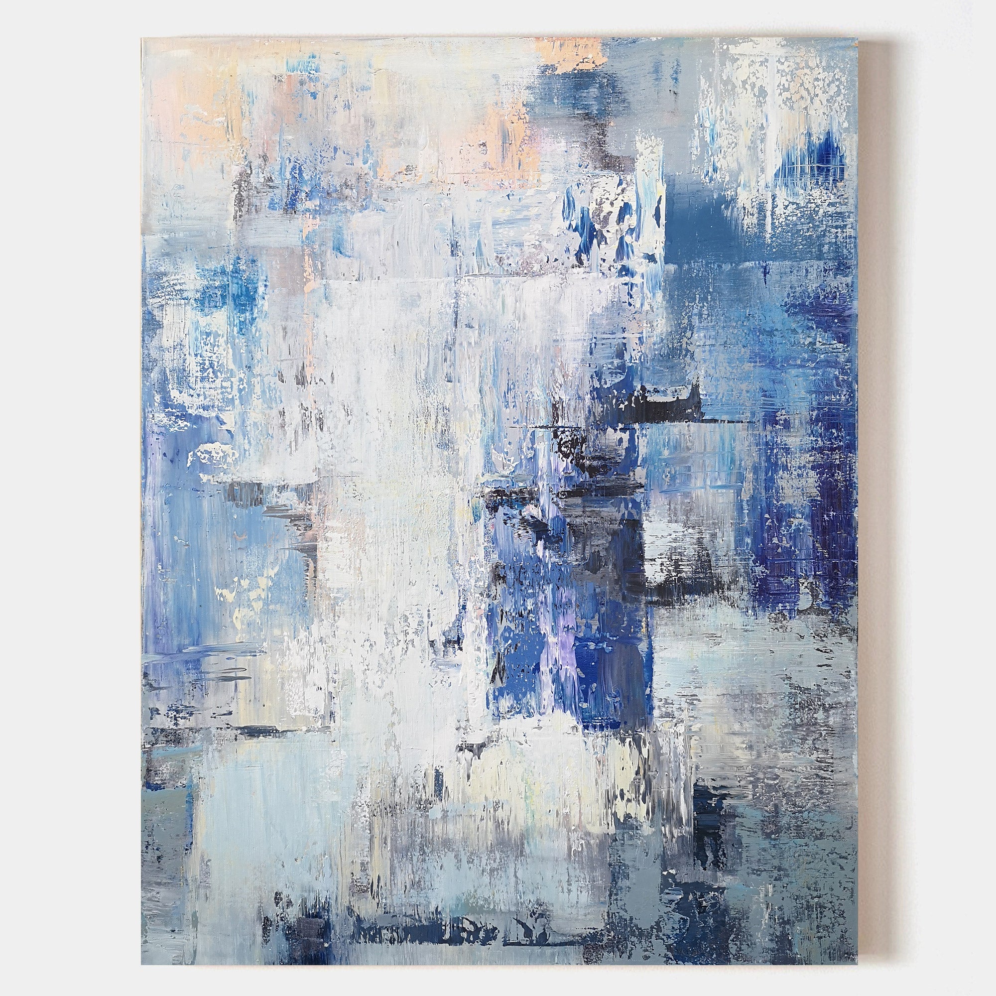 Blue‑White‑Grey Vertical Abstract Layered Impasto‑Textured Artwork