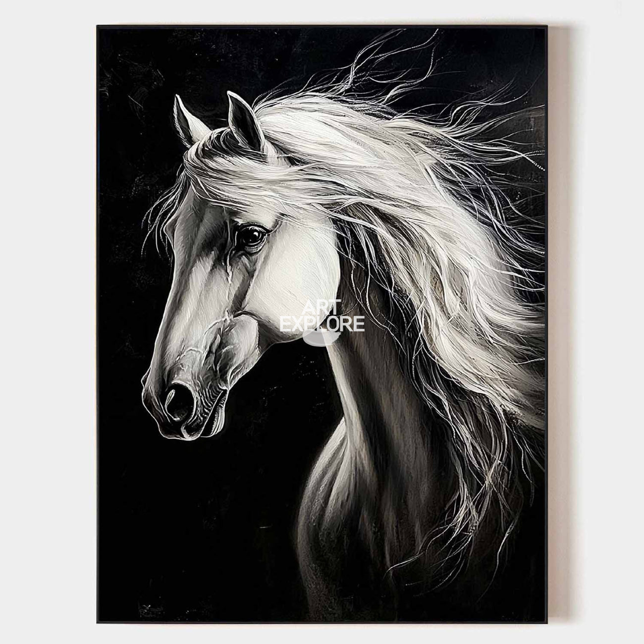 Black Background White Horse Canvas Art