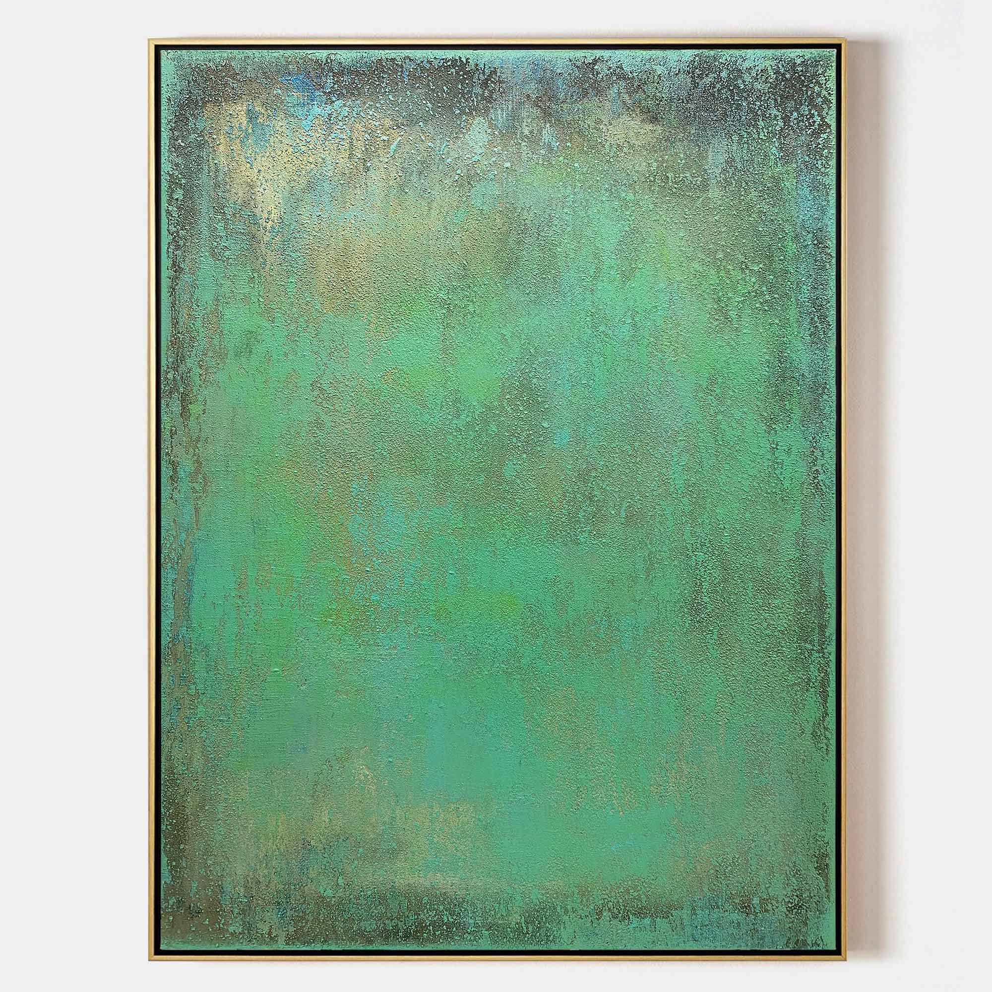 Muted‑Green Gold‑Fleck Vertical Textured‑Wash Impasto Artwork
