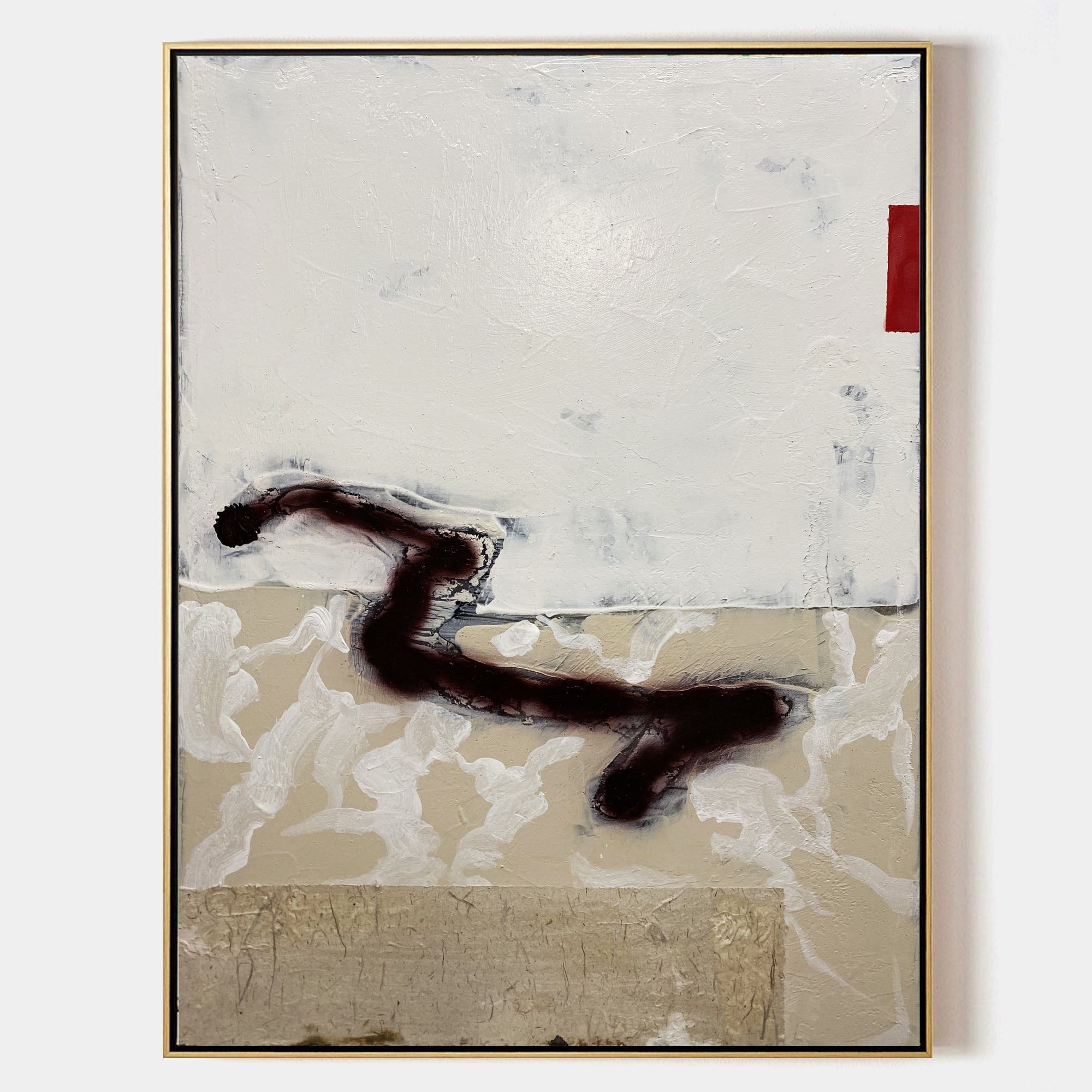 Abstract Beige Black Red Brush Stroke Oil Painting