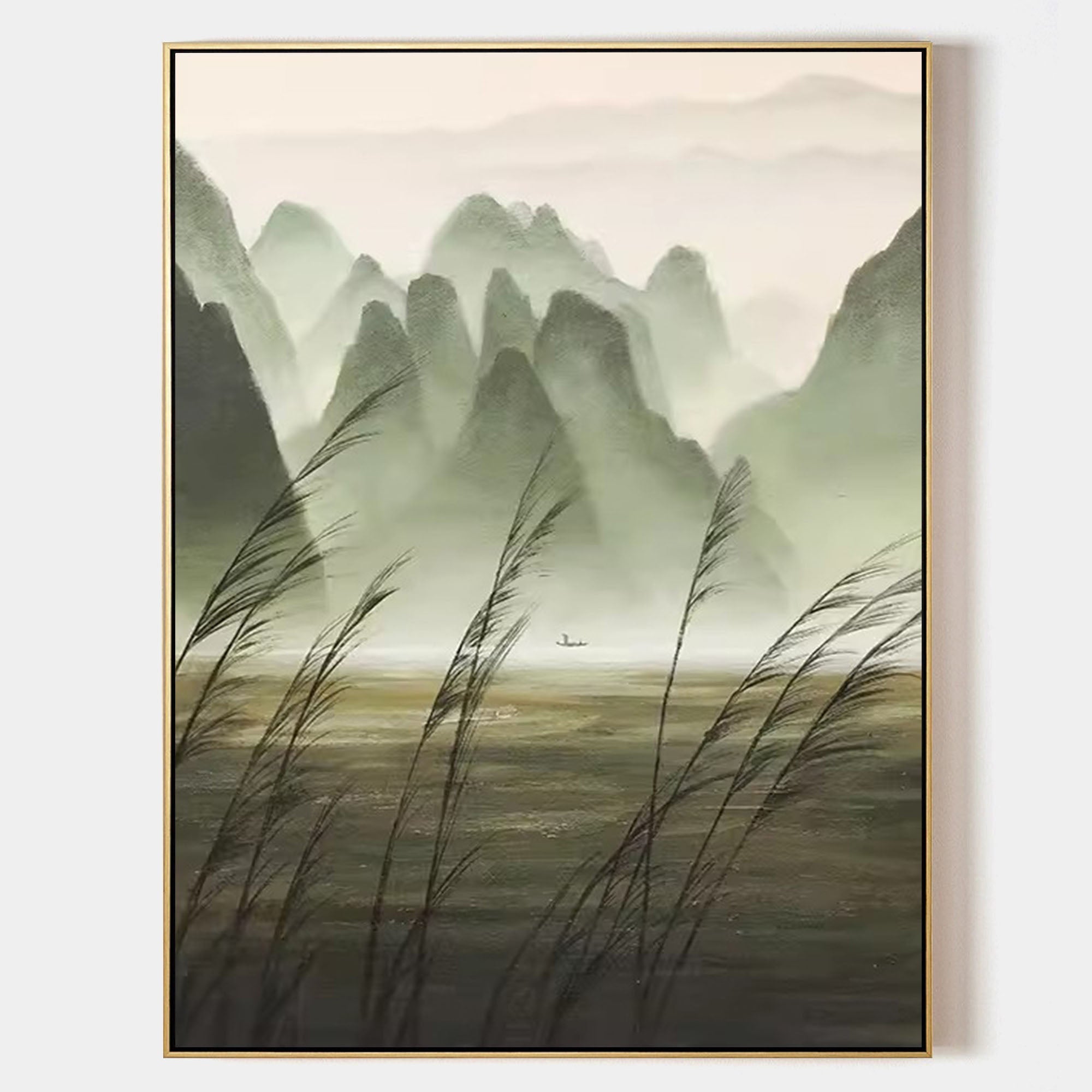 Chinese Ink Misty Green Mountain Landscape Oil Painting