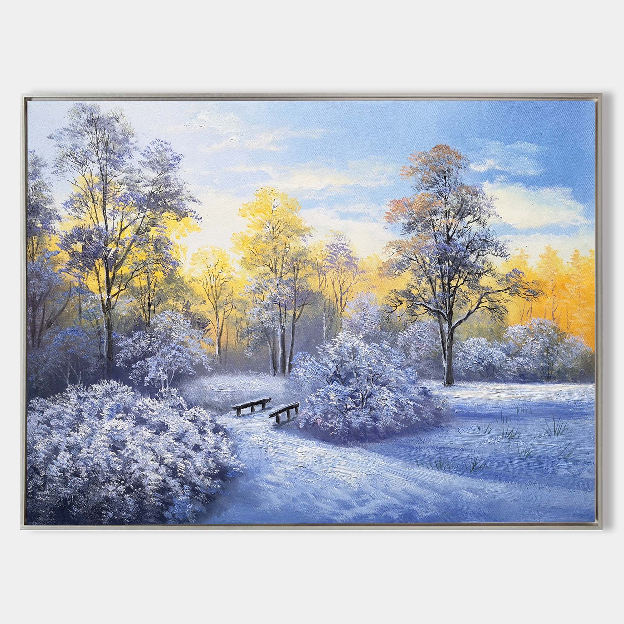Sunlit Snowy Woodland Scene Vibrant Warm‑Cool Tone Nature Wall Art
