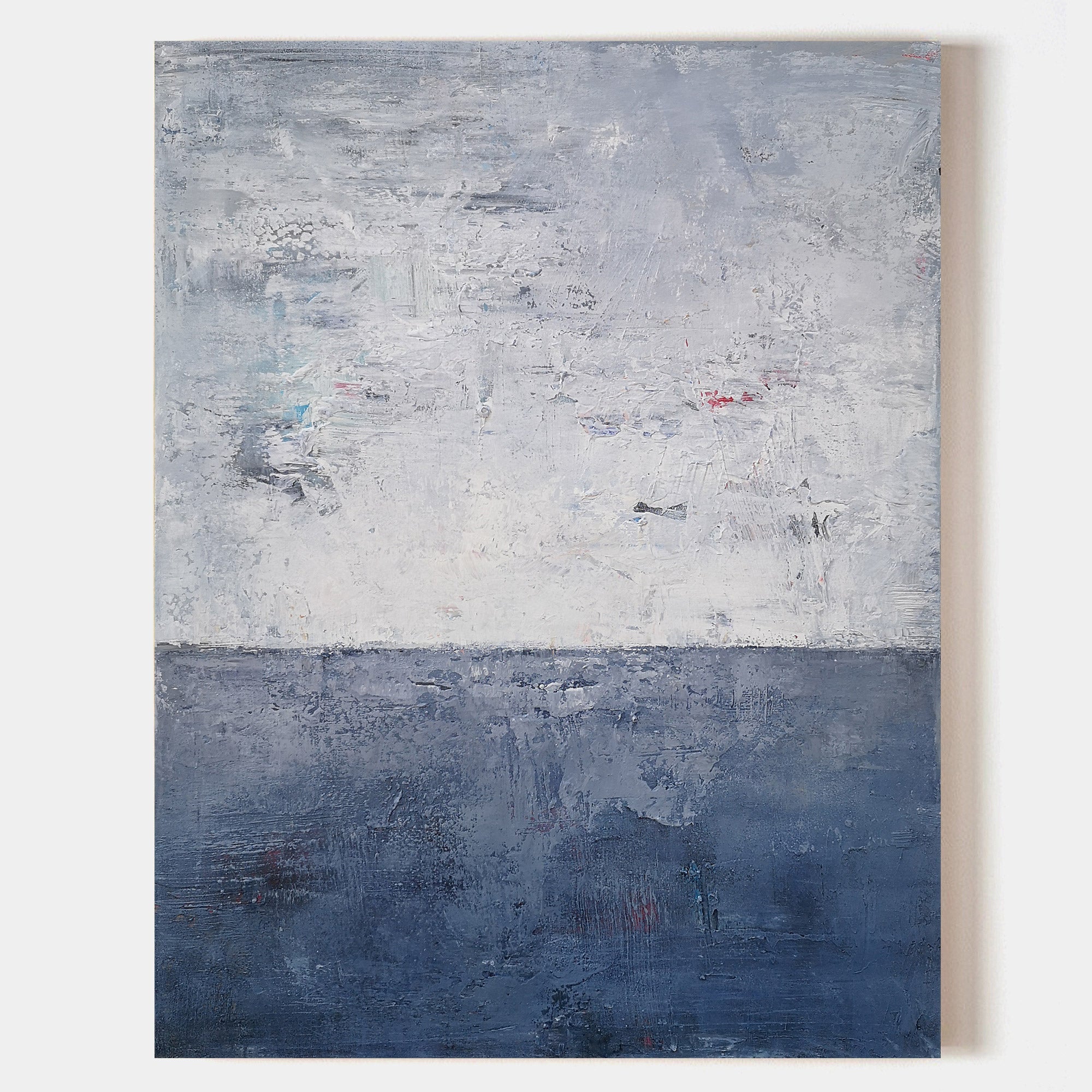 Navy‑Blue‑Grey Vertical Seascape Horizon Impasto‑Textured Artwork