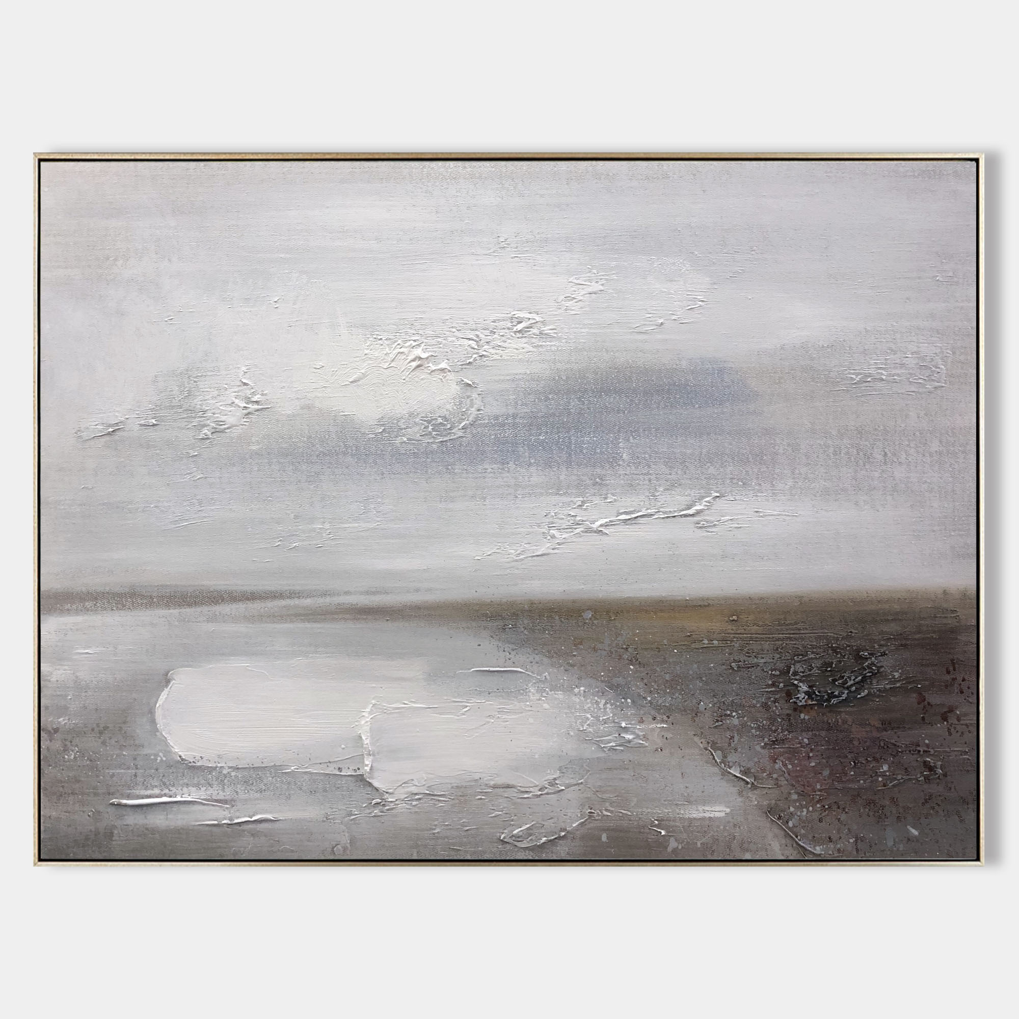 Grey‑Silver Horizontal Muted‑Seascape Impasto‑Textured Artwork