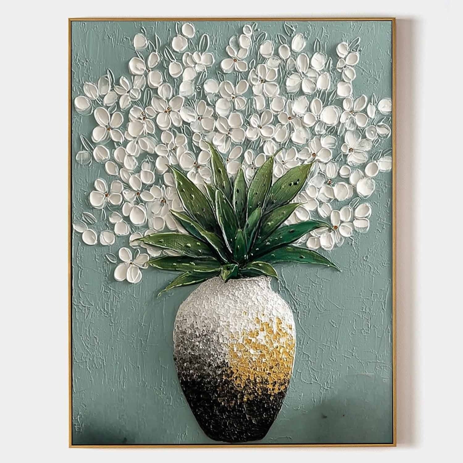 White Blossoms Ombre Vase Impasto Painting